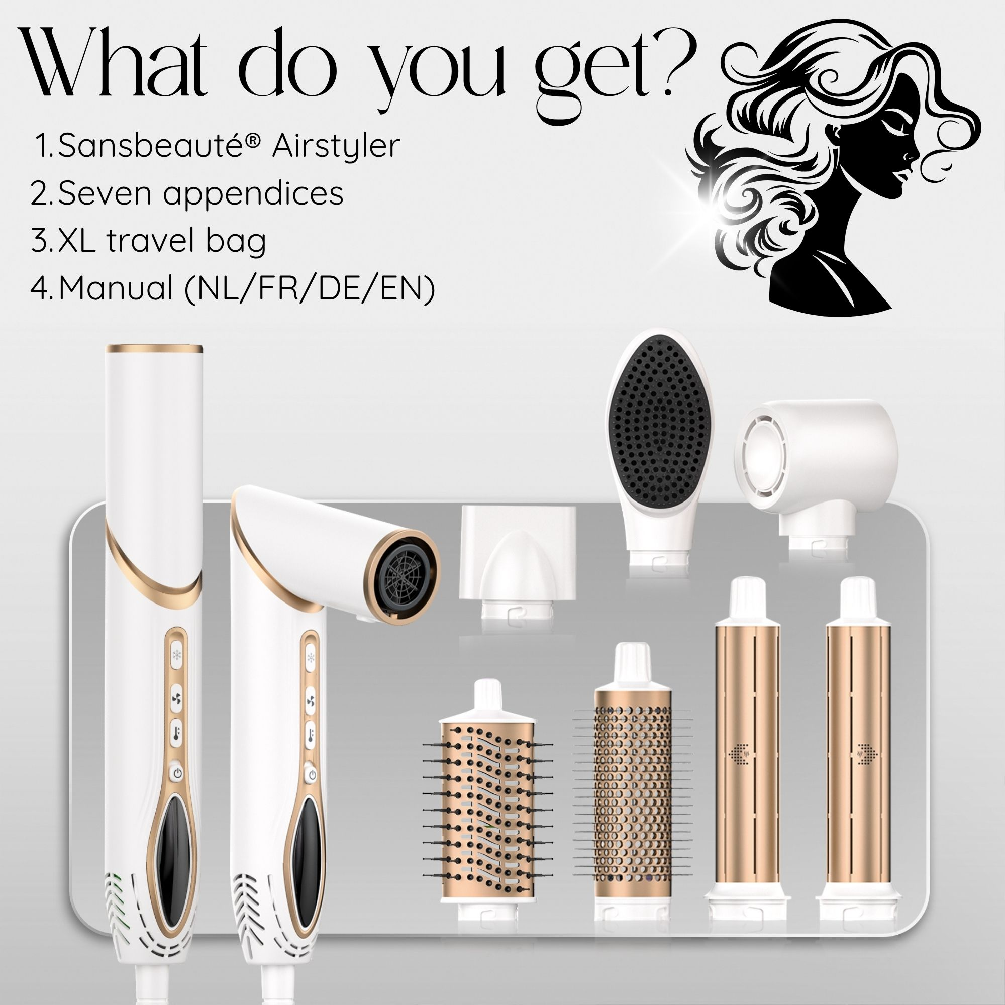 Ein weißer Sansbeauté Airstyler mit sieben Anhängseln und Reisetasche auf weißem Hintergrund, mit Frauensilhouette.