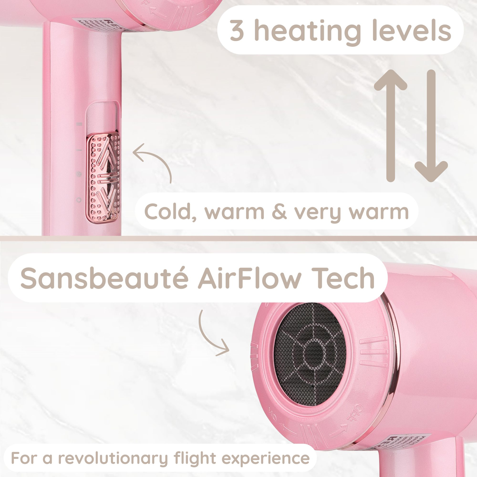 Image showcases a pink hair dryer with three heating levels and Sansbeauté AirFlow Tech for advanced drying.