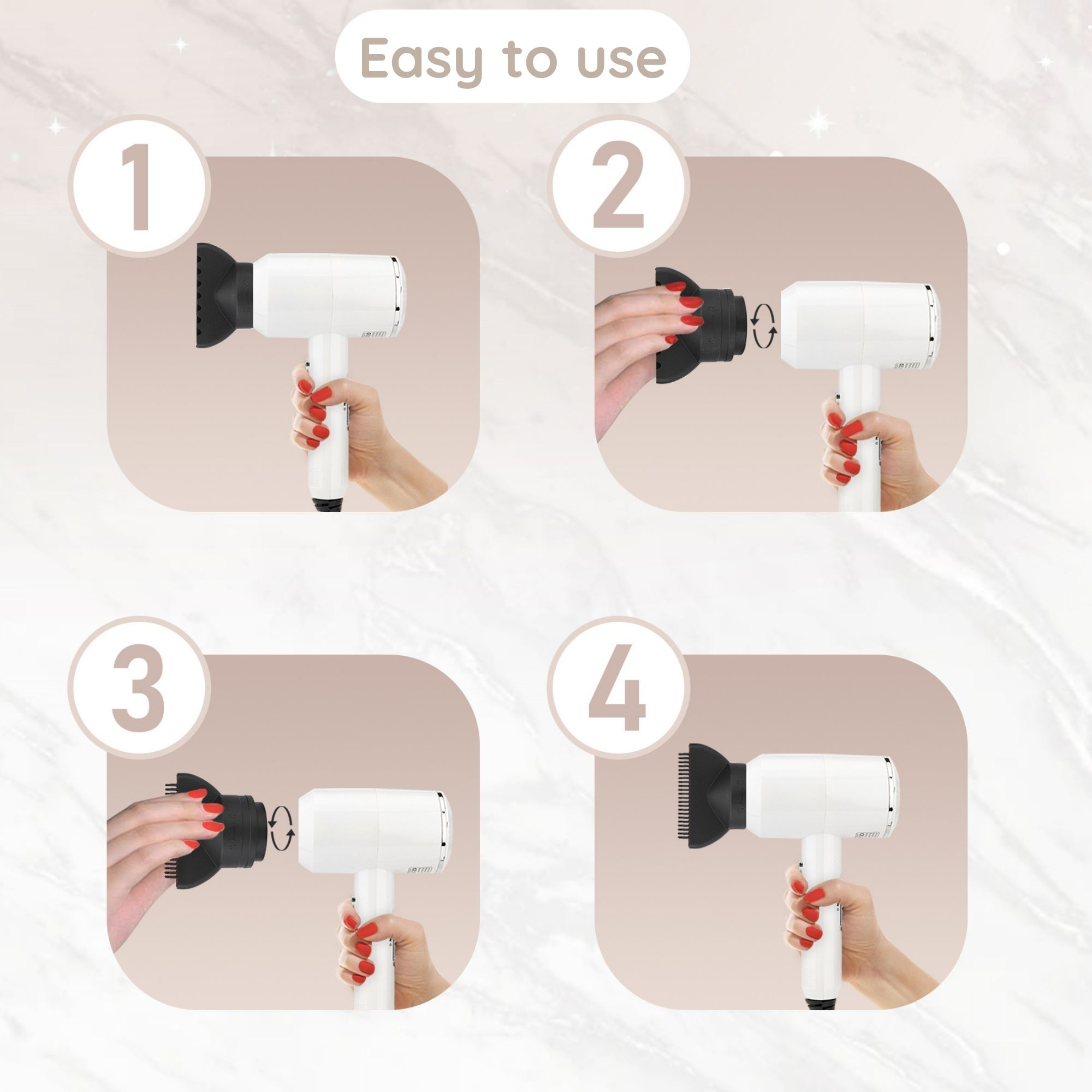Image shows how to use hair dryer attachments. Step-by-step guide. Text: Easy to use.