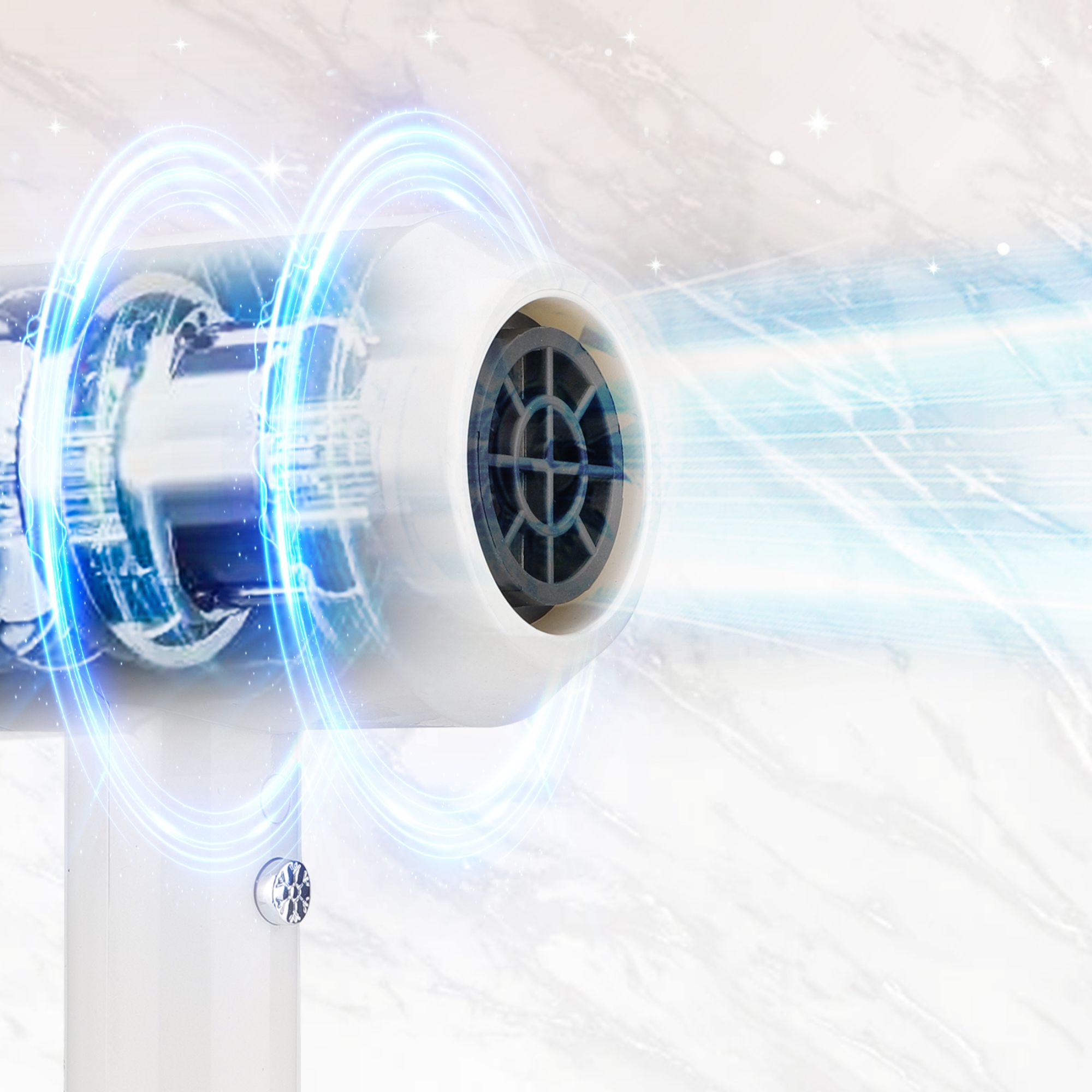 Image shows a white hair dryer with blue light effects. Text: Sansbeauté.