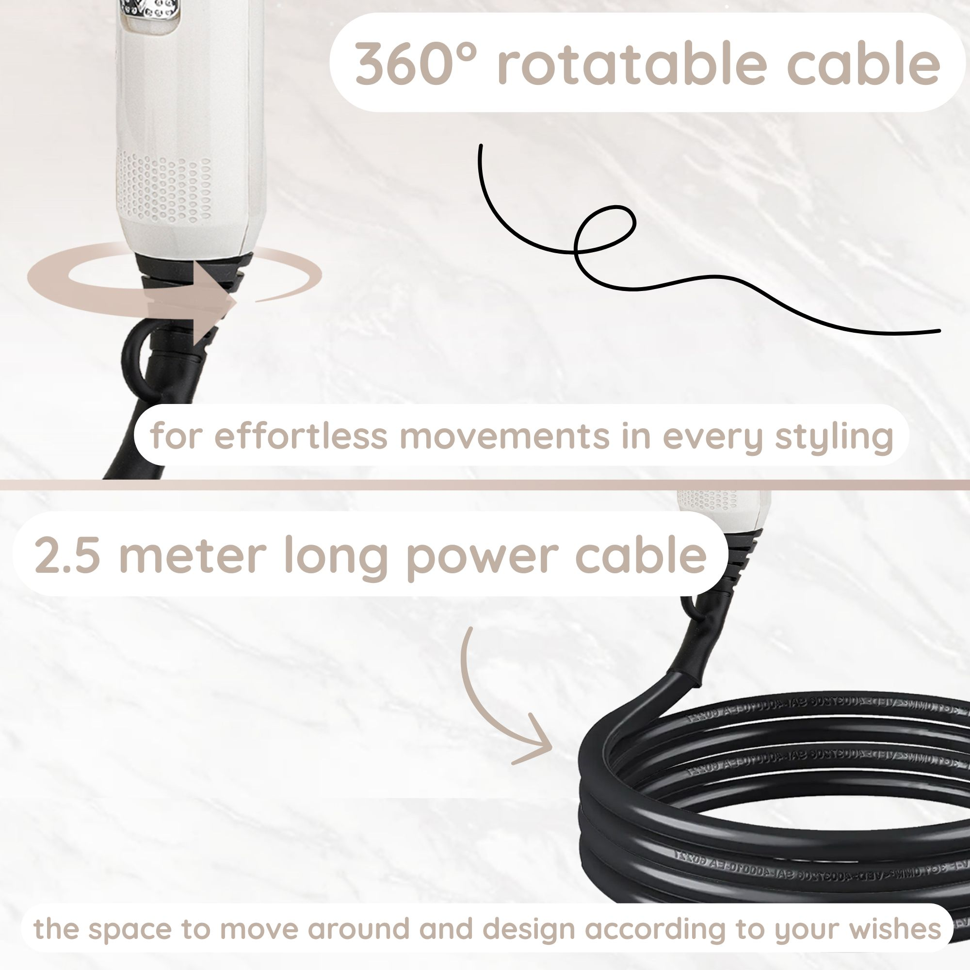 Image shows hair dryer with a 360° rotatable cable and a 2.5-meter power cable.