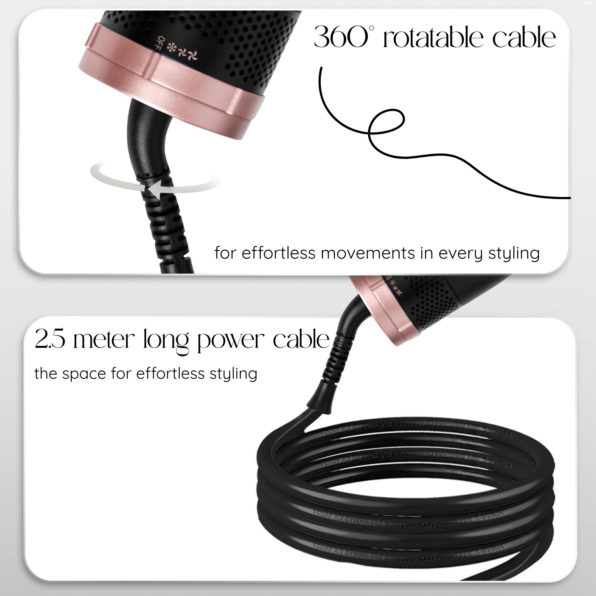 Hair styling tool cable that rotates 360 degrees, black, and rose gold.