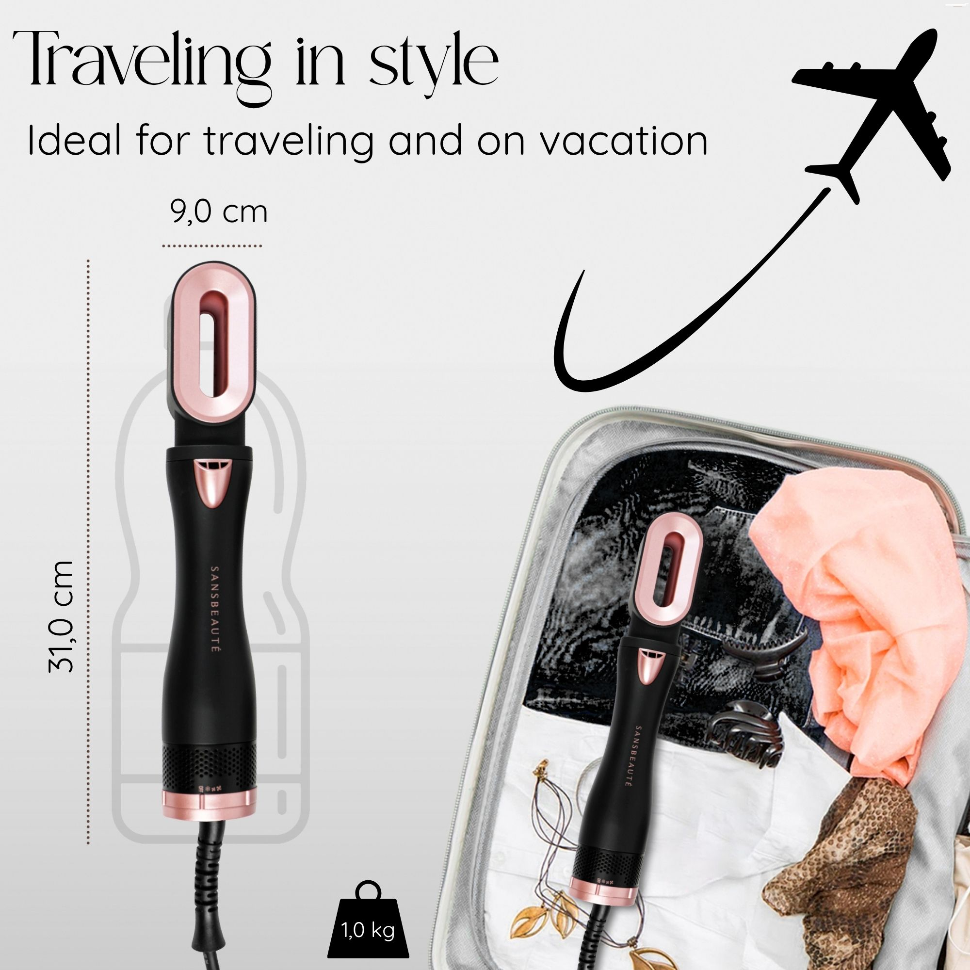 Hair styling brush with a travel case, a ruler, and a weight symbol.