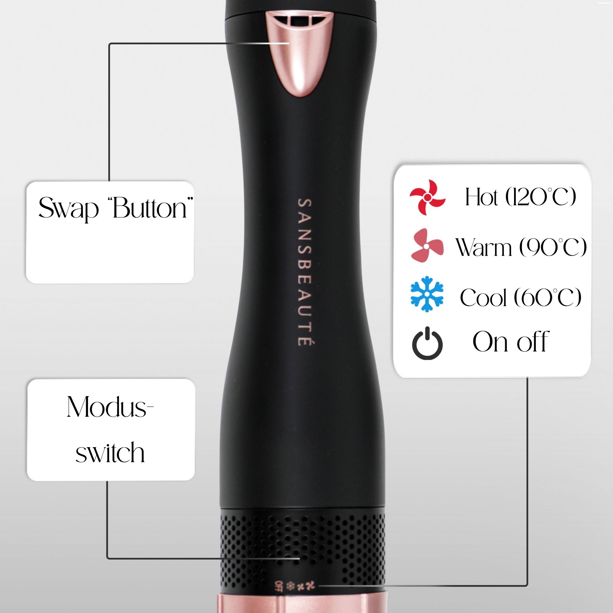 Hair styling tool with a black handle, rose gold details, and characteristics.