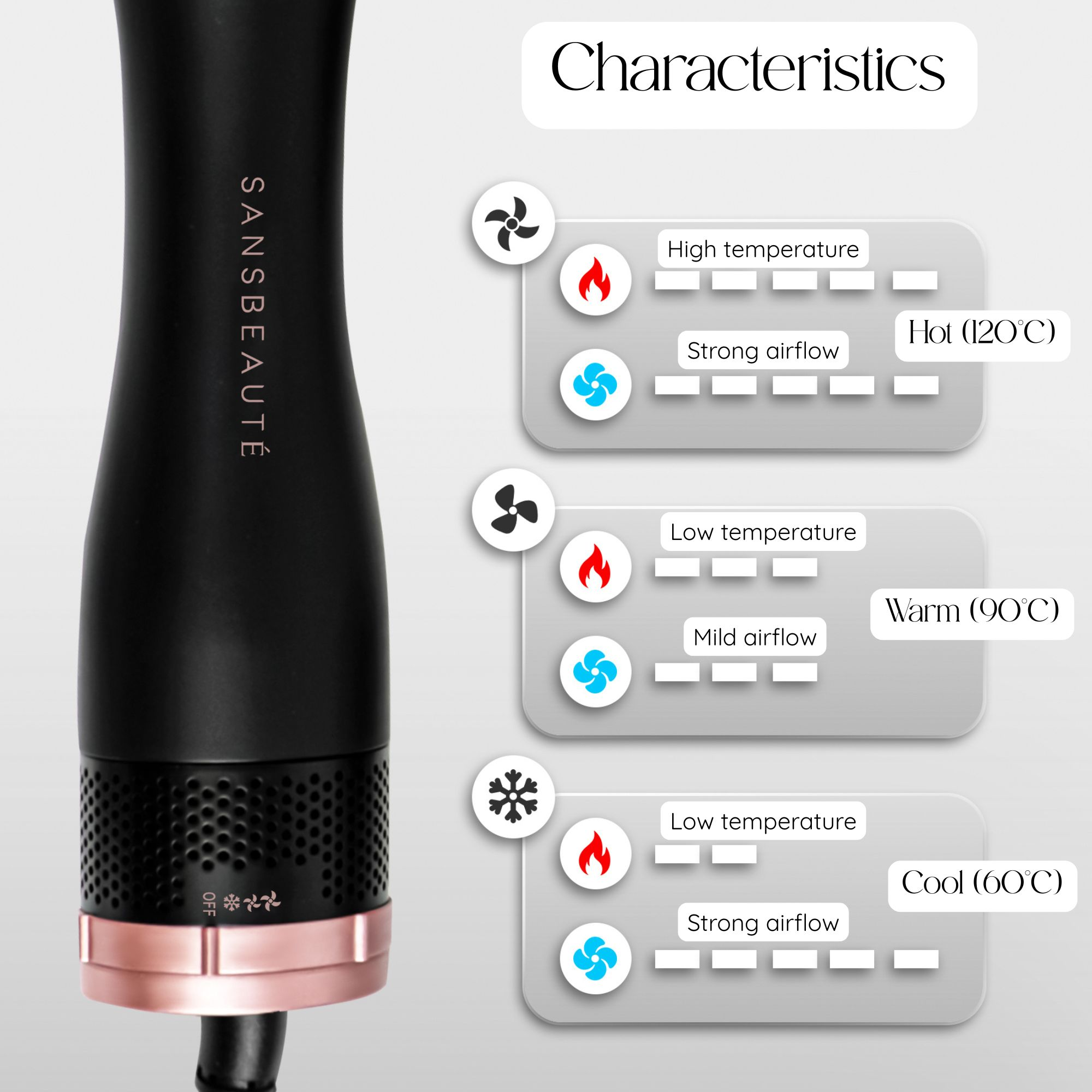 Hair styling tool with a black handle, rose gold details, and characteristics.