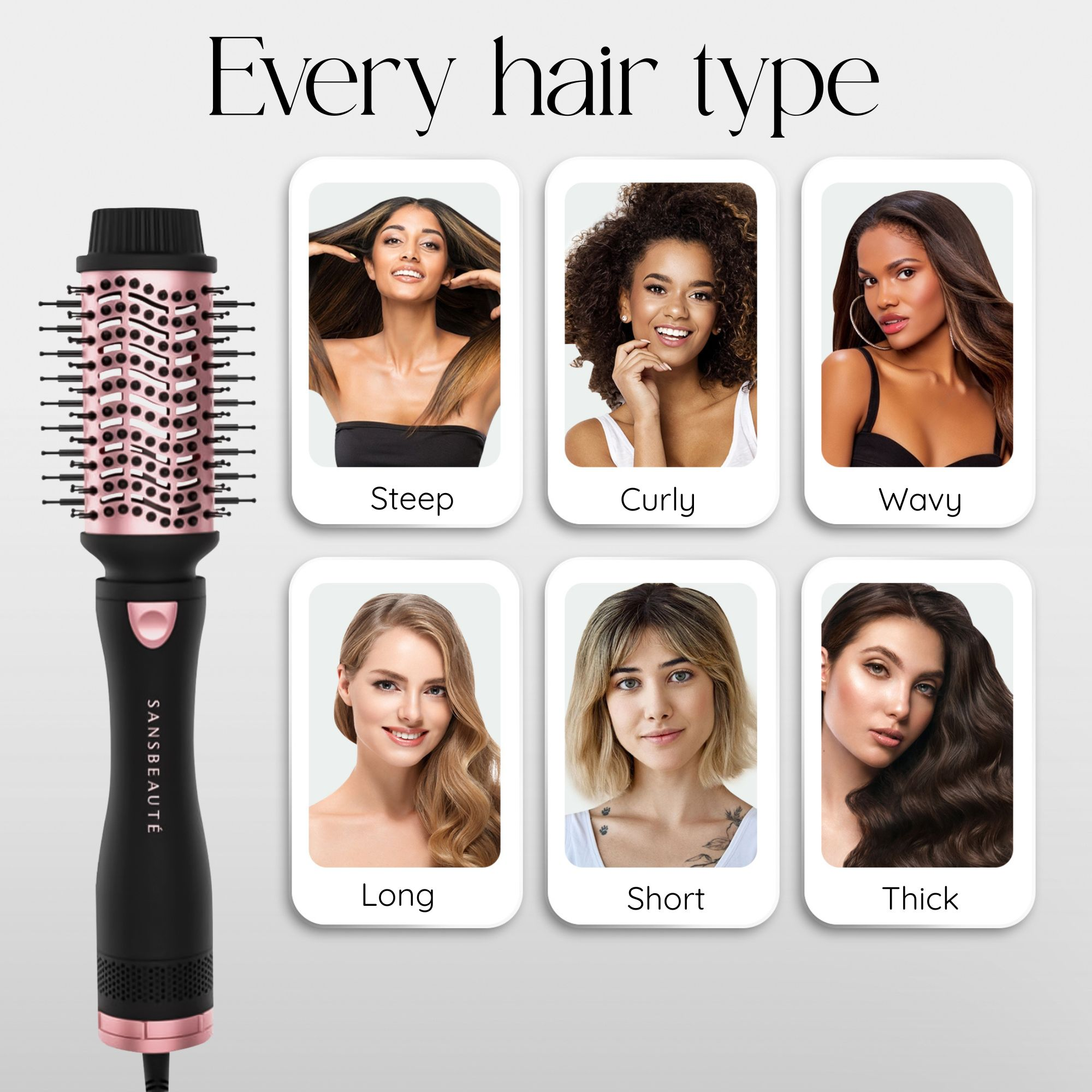 Hair styling tool with examples of different hair types, steep, curly, wavy, long, short, and thick.