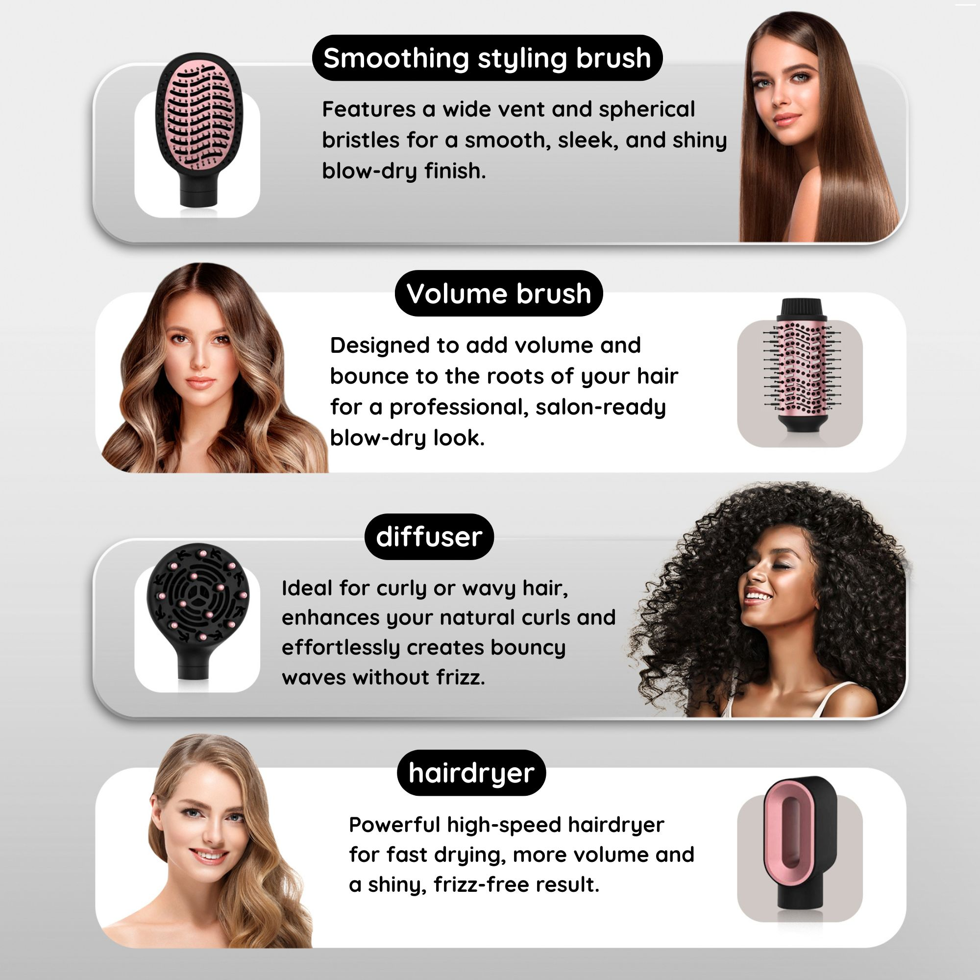 Hair styling tool with four examples of different hair pieces.