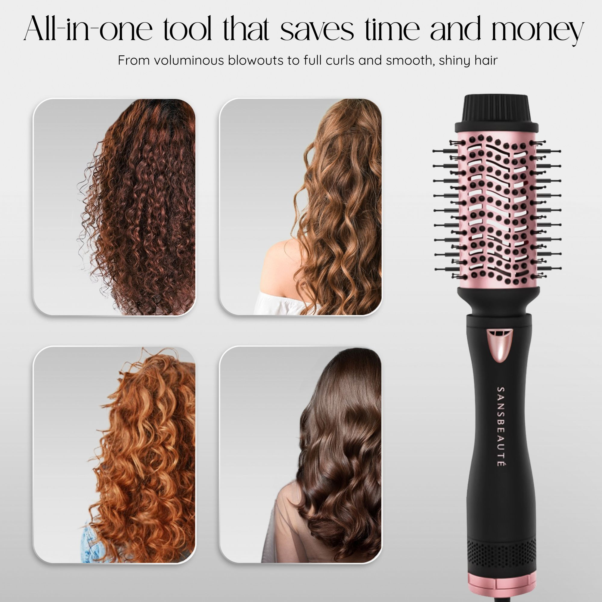 Hair styling brush with four examples of different hair styles.