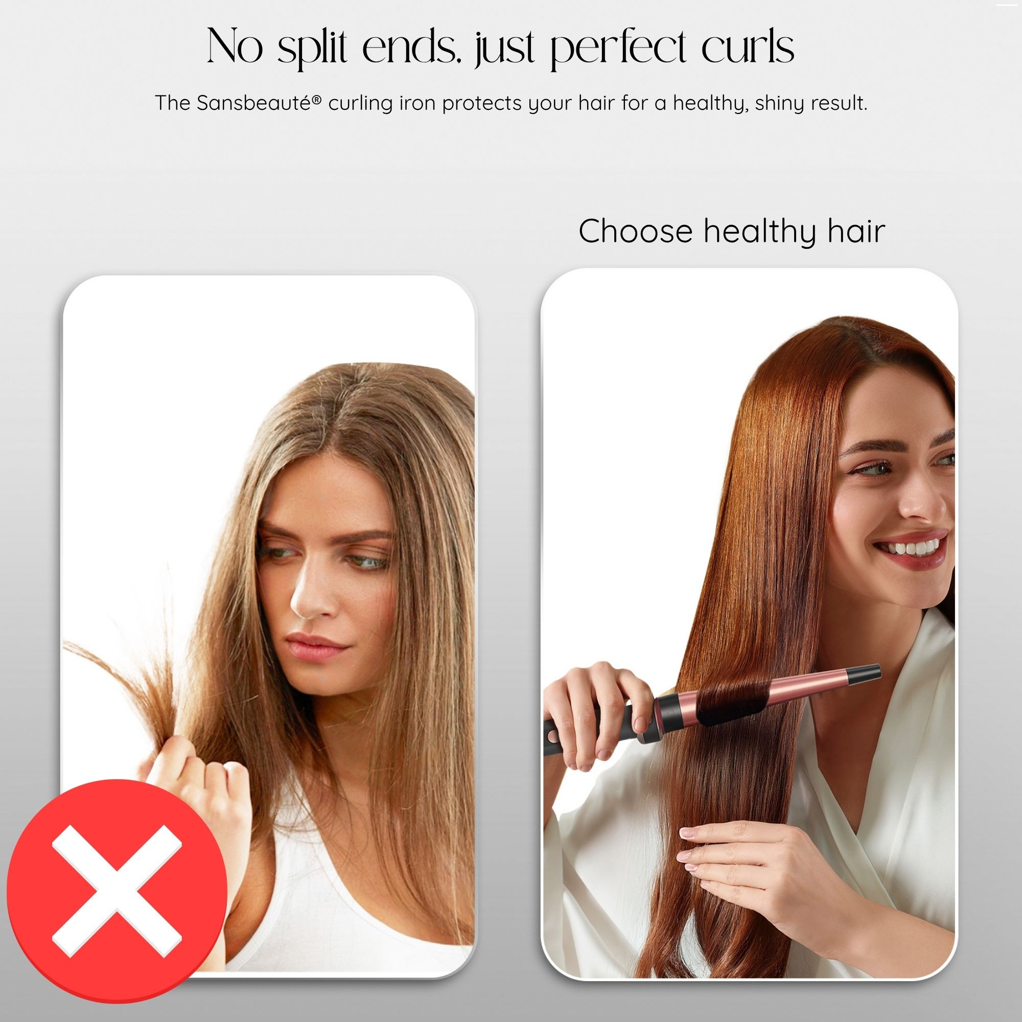 Hair styling brush and two examples of hair, one damaged and one perfect.
