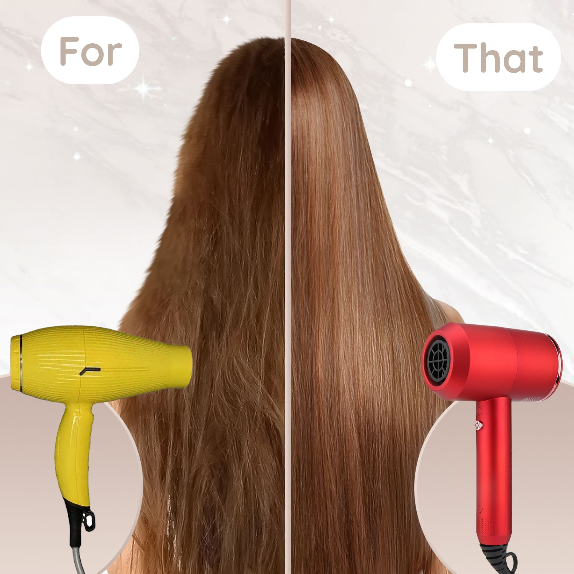 Afbeelding toont een gele föhn naast het haar van een vrouw en een rode met gestyled haar.