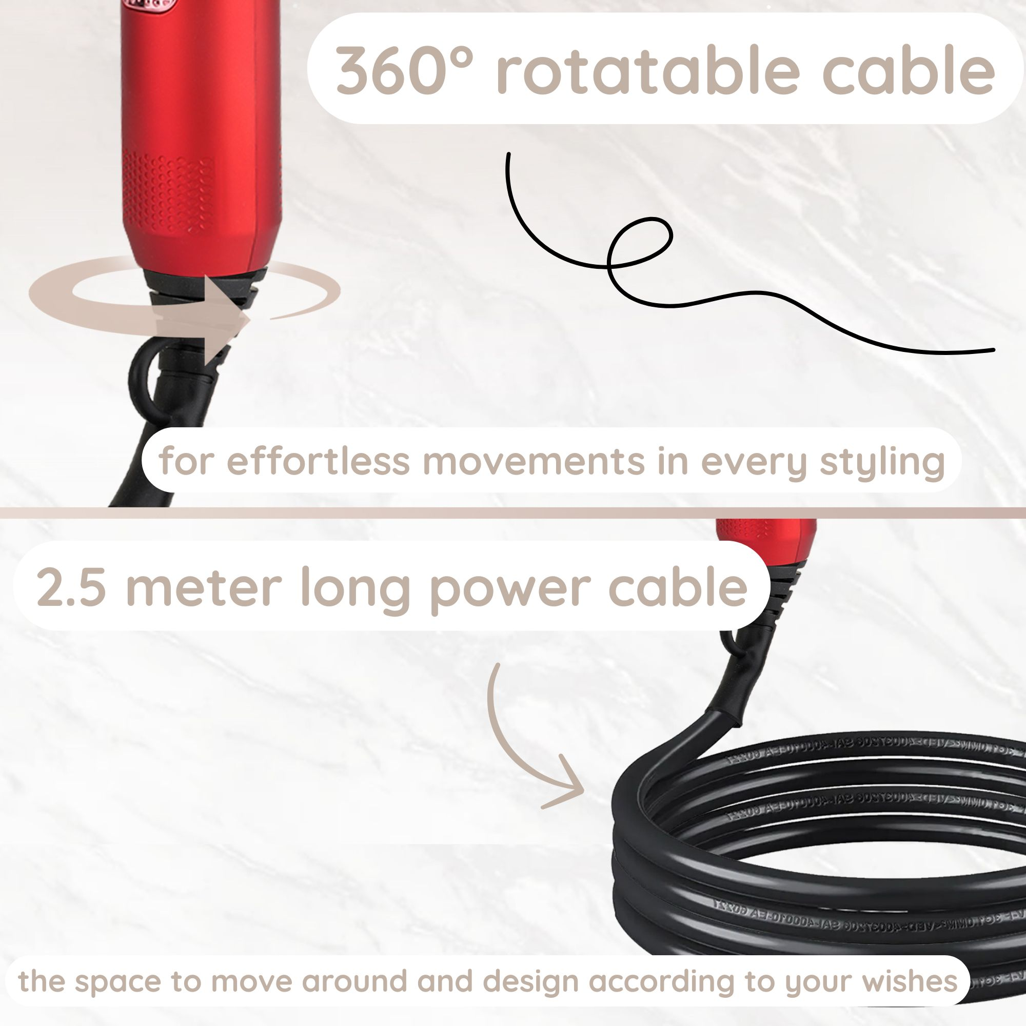 Détails de l'image d'un sèche-cheveux rouge avec un câble rotatif à 360° et un câble d'alimentation de 2,5 mètres.