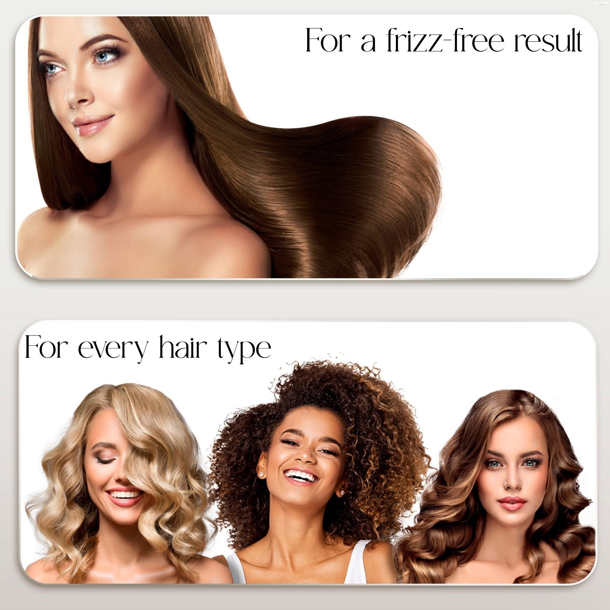Afbeelding toont vrouwen met verschillende kapsels, die resultaten zonder kroezen en geschikt voor alle haartypes promoten.