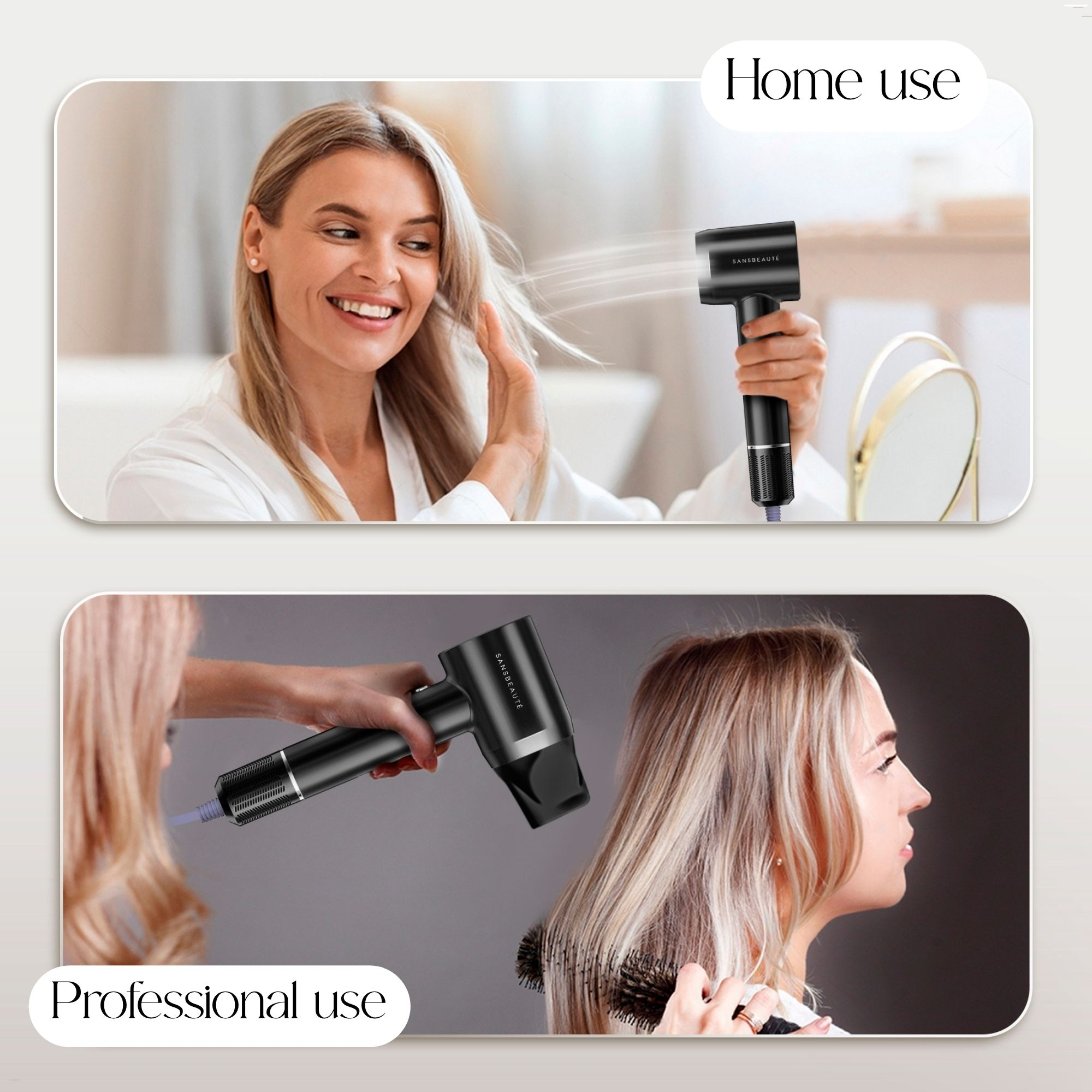 Afbeeldingen tonen een vrouw die een zwarte föhn gebruikt voor thuis en professioneel gebruik, haar stylend.