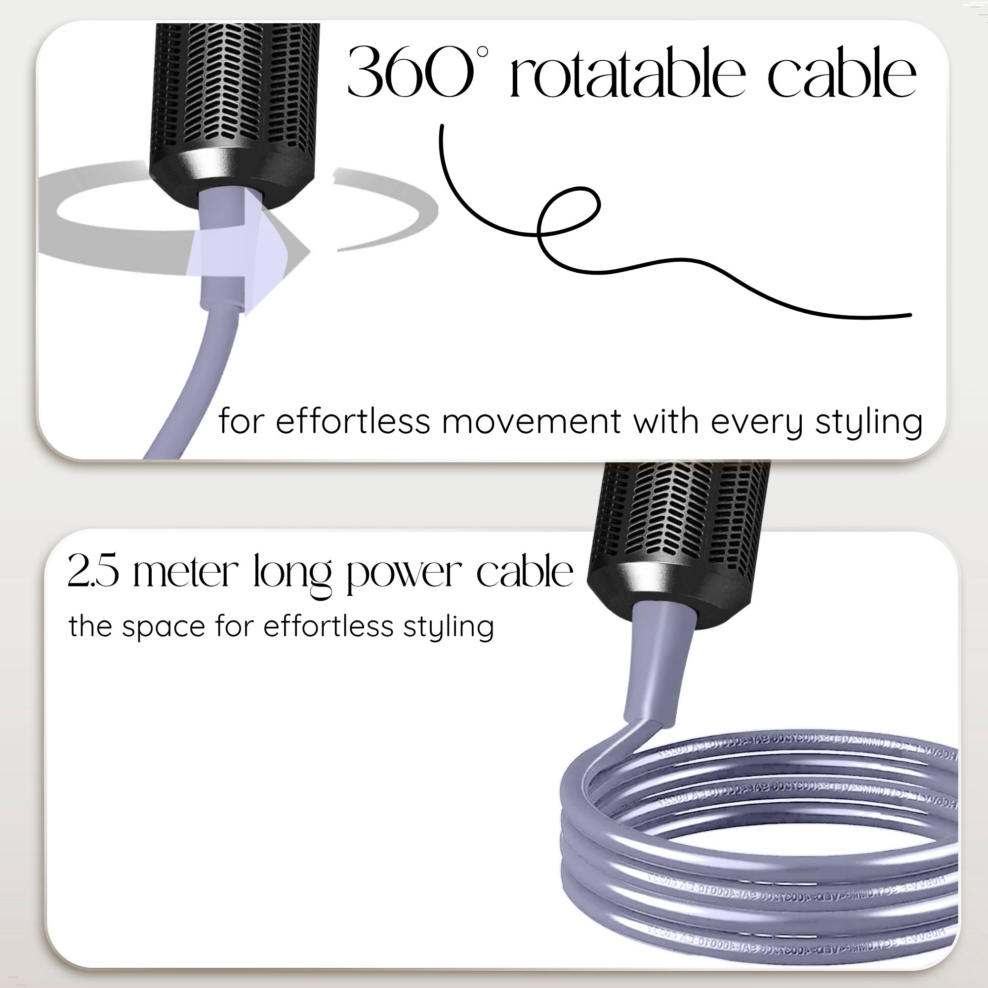 Twee close-up beelden van het netsnoer en de roterende kabel van een haardroger.