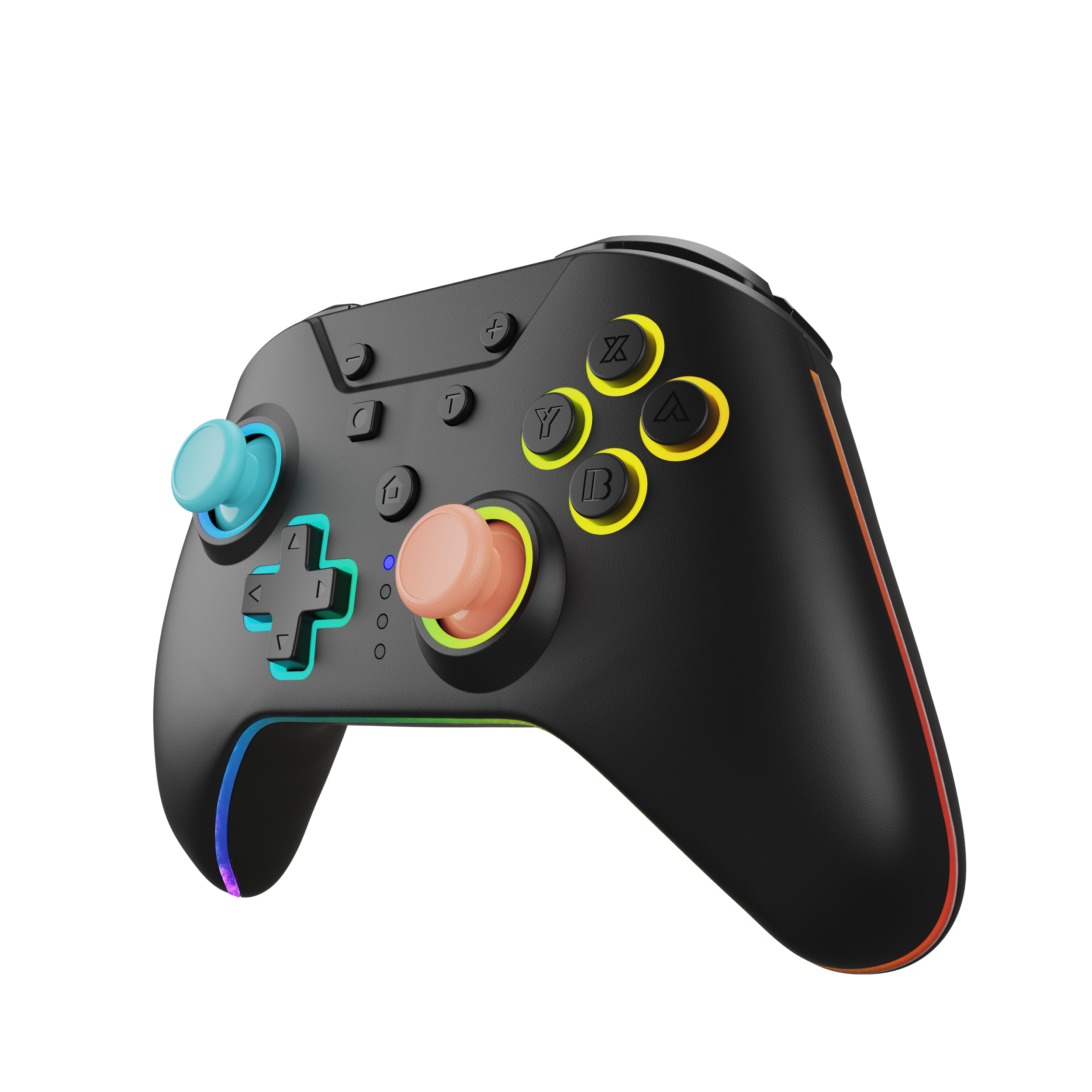 Een zwarte gamecontroller met kleurrijke knoppen. De knoppen zijn blauw, oranje, geel en groen.