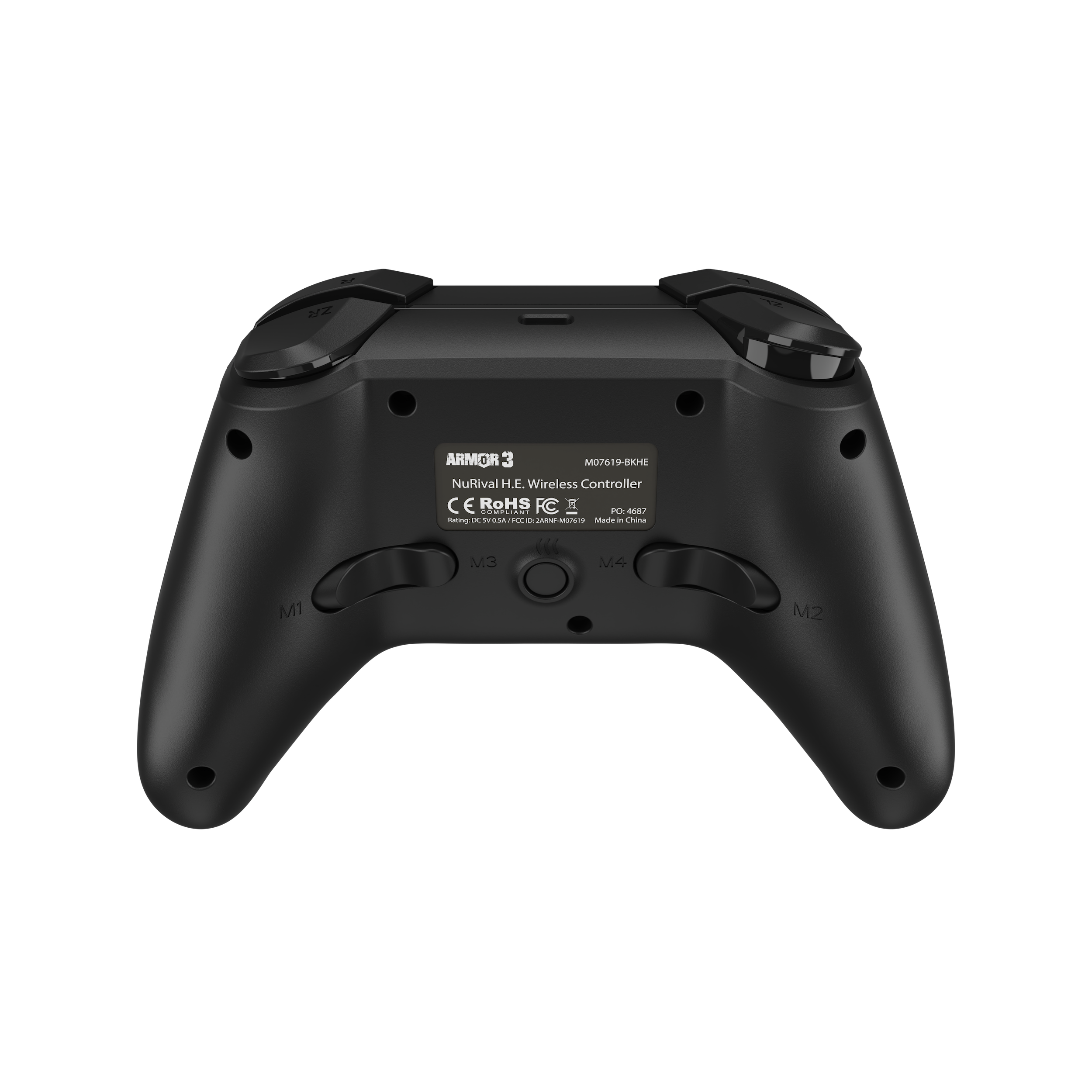 De achterkant van een zwarte gamecontroller wordt getoond, met diverse knoppen, gemarkeerd met M1, M2, M3 en M4.