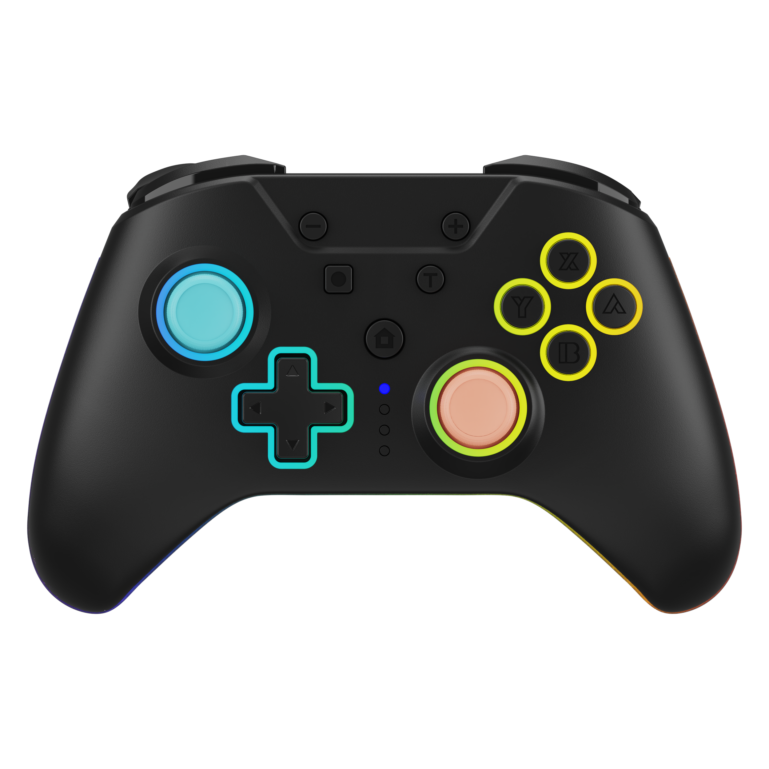 Zwarte gamecontroller met gekleurde knoppen en lichten, met een zwarte achtergrond.