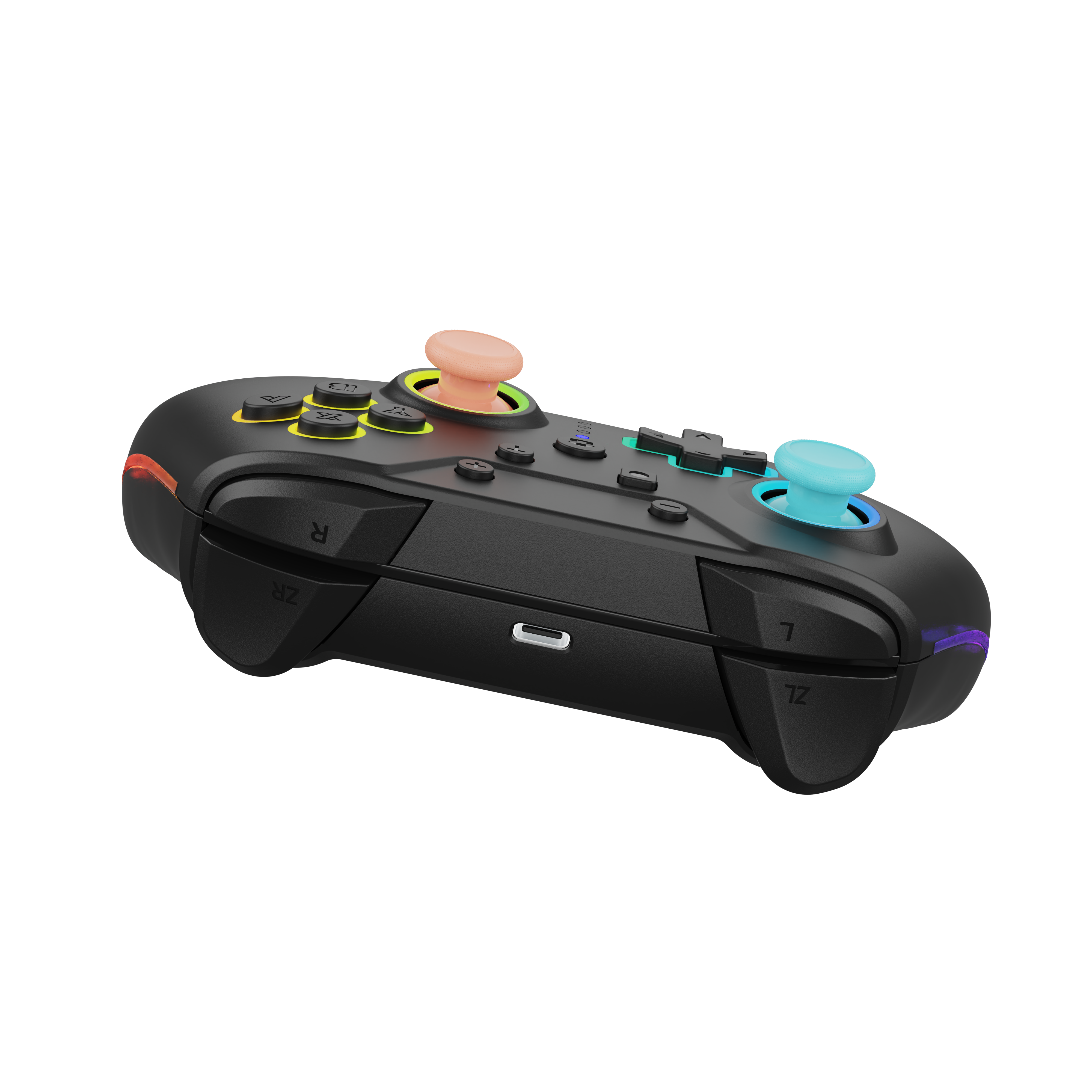 Een zwarte gamecontroller met kleurrijke knoppen, op een zwart oppervlak.