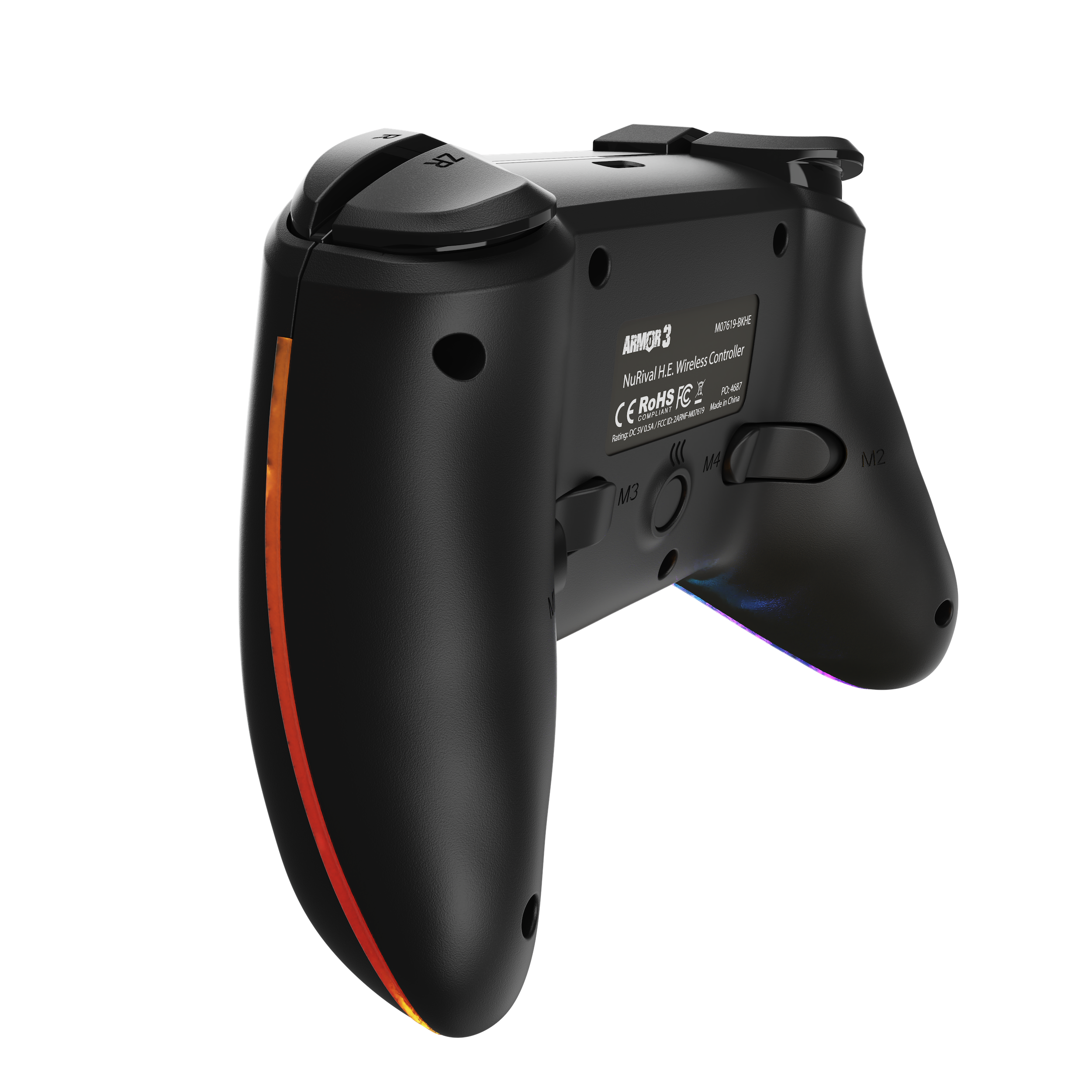 Een zwarte gamecontroller, met oranje en gele verlichting aan de zijkant en knoppen.