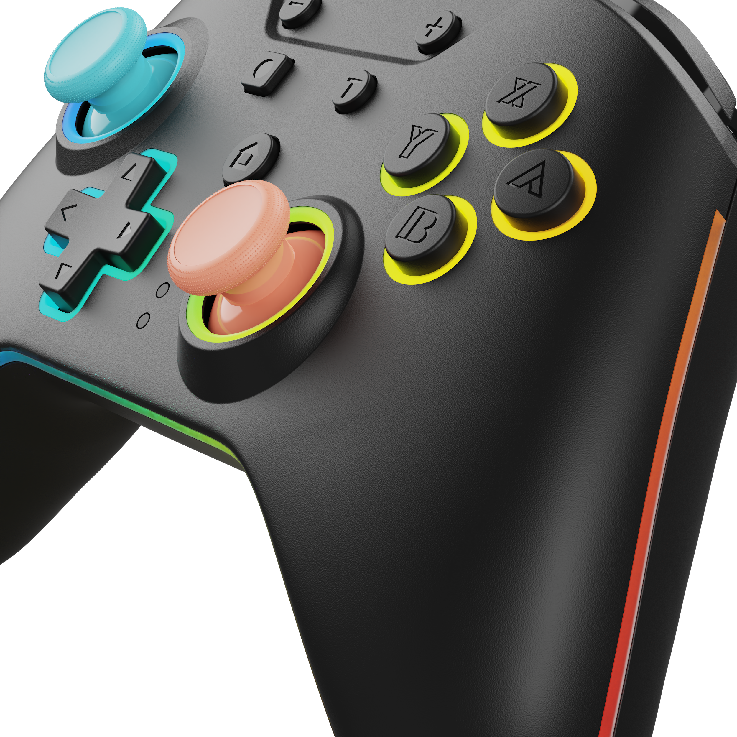 Een close-up van een zwarte gamecontroller. Knoppen zijn onder meer X, Y, A, B en een navigatiepad. Joysticks en triggers zijn zichtbaar.