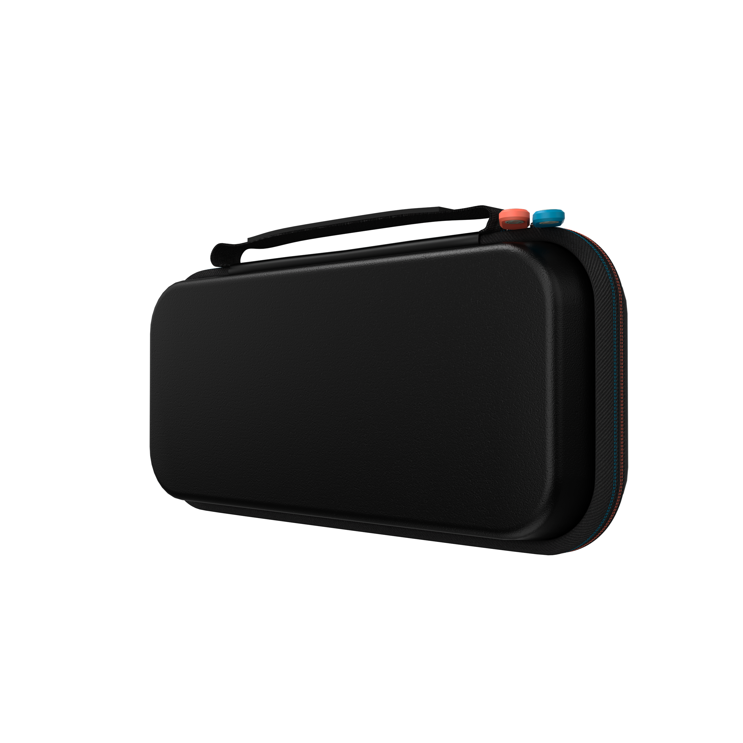 A black Nintendo Switch carrying case with a handle and a colored zipper. The background is black.