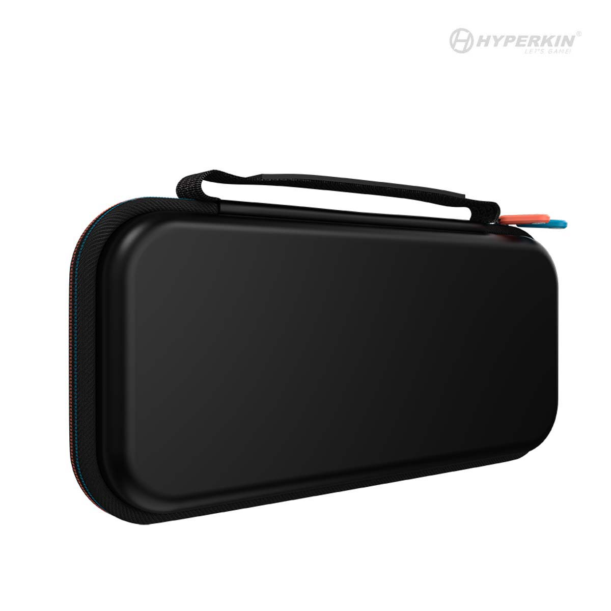 A black, zippered carrying case for a Nintendo Switch, with the Hyerkin logo and a handle.