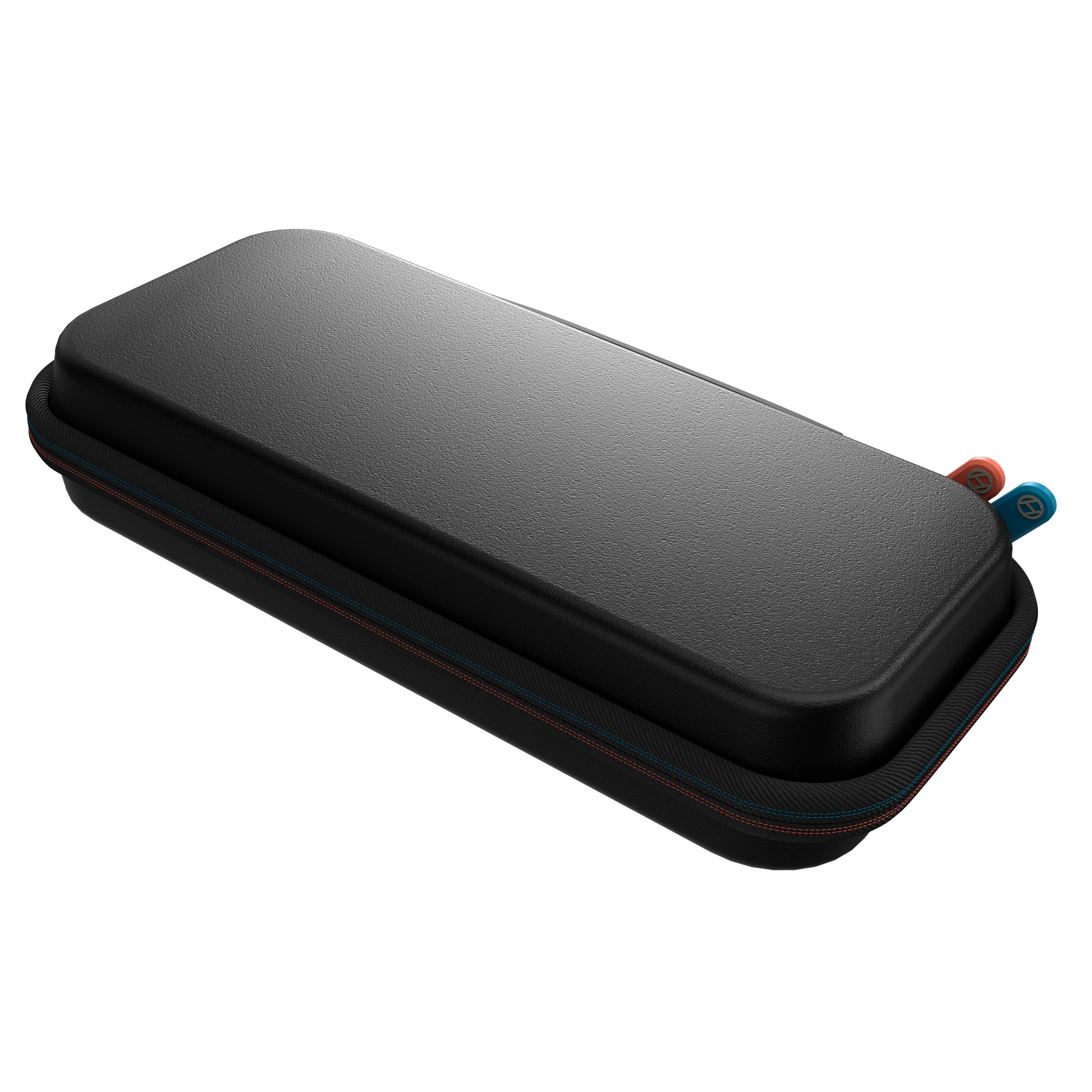 A black case with a zipper and red and blue zipper pulls, on a black background.