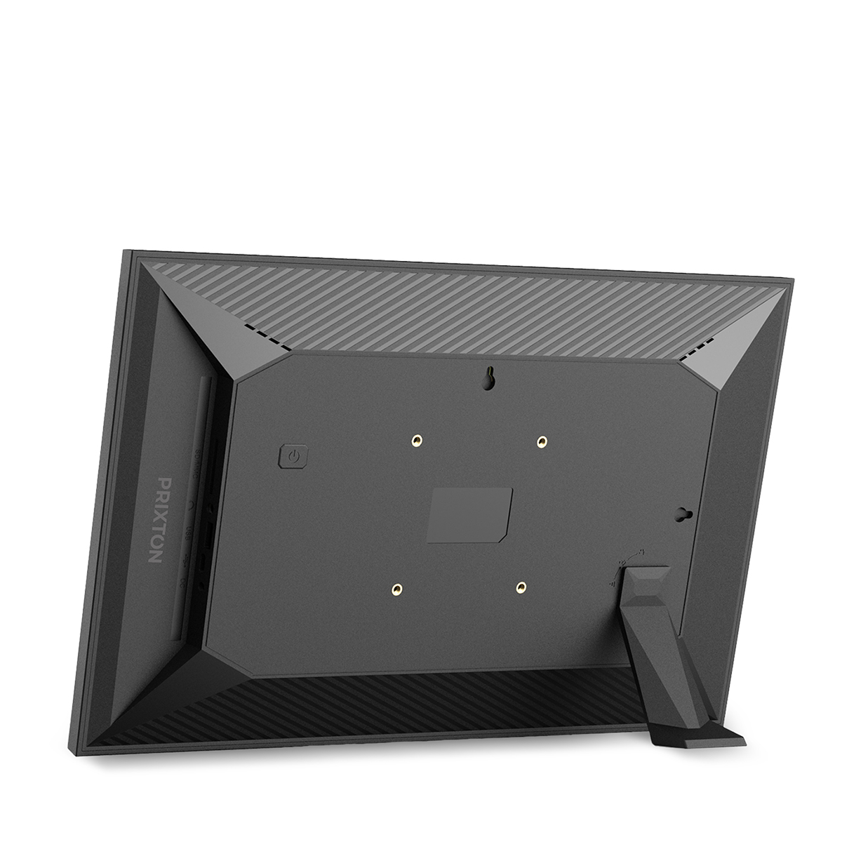 Tył czarnej cyfrowej ramki na zdjęcia. Widoczny jest stojak i kilka otworów montażowych.