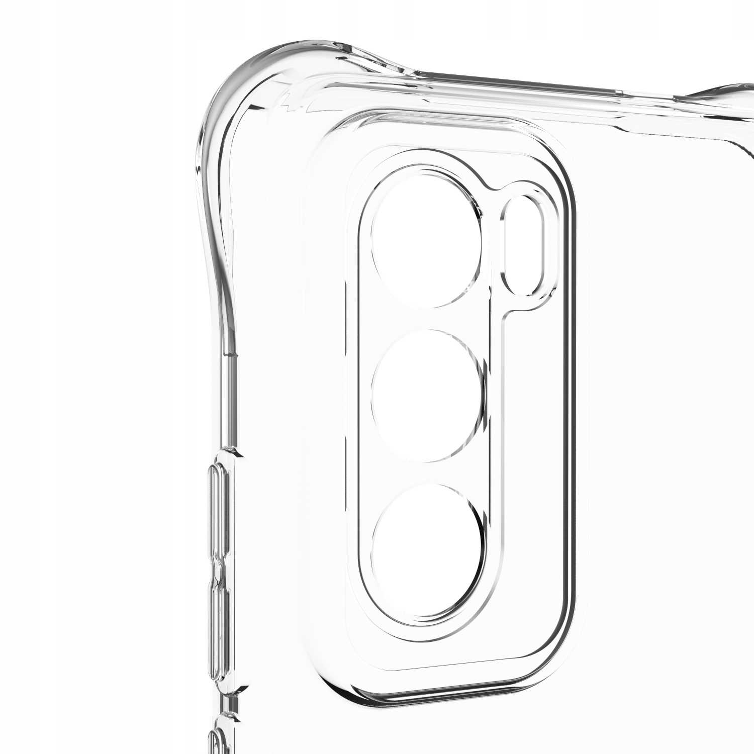 Zbliżenie przezroczystego etui na aparat telefonu, z trzema okrągłymi wycięciami.