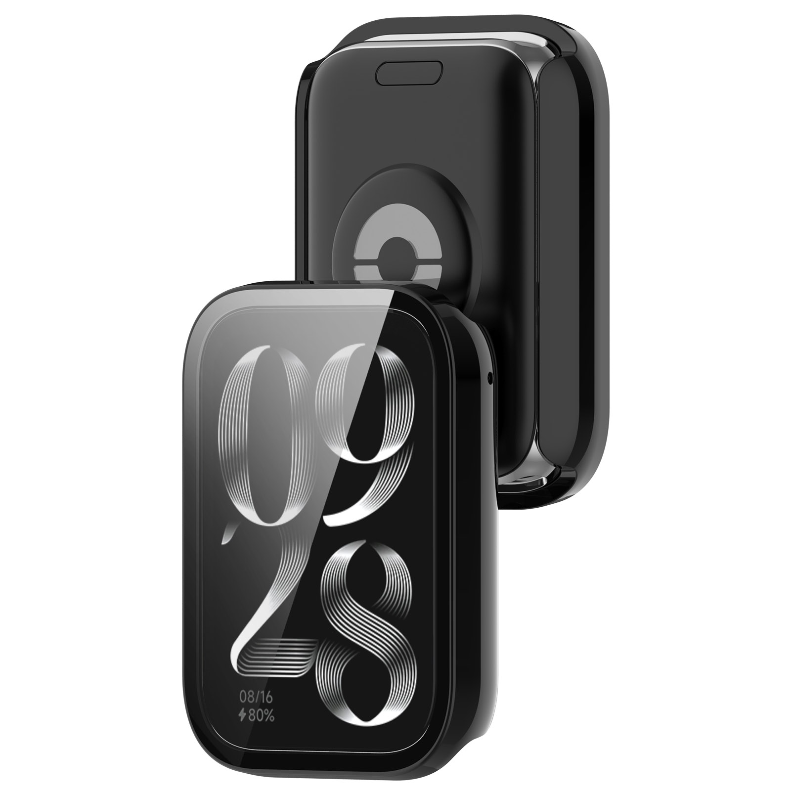 Smartwatch con custodia protettiva. Custodia nera con schermo che mostra numeri e batteria.