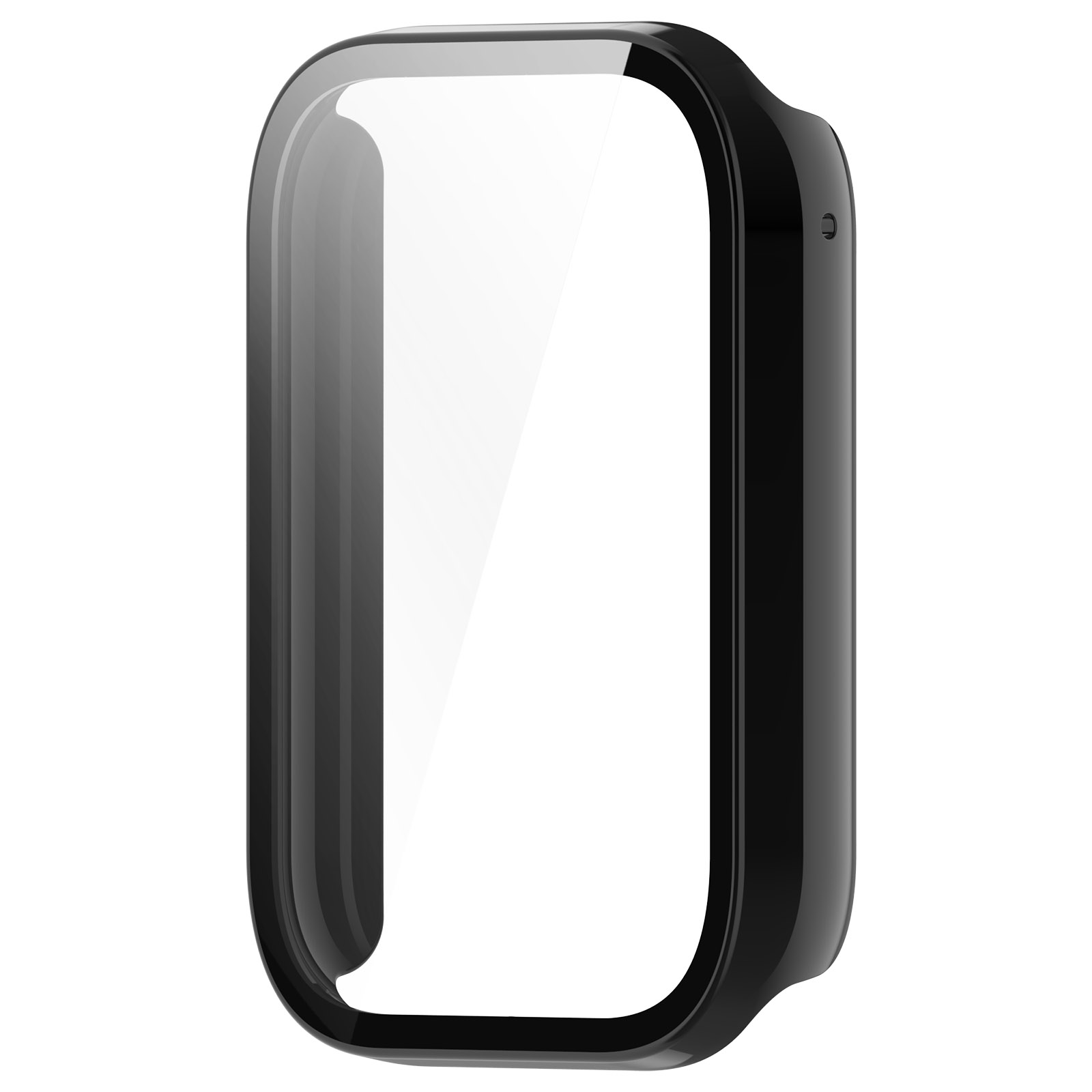 Una custodia nera per smartwatch con una protezione per lo schermo trasparente. La custodia è vuota, lo sfondo è bianco.