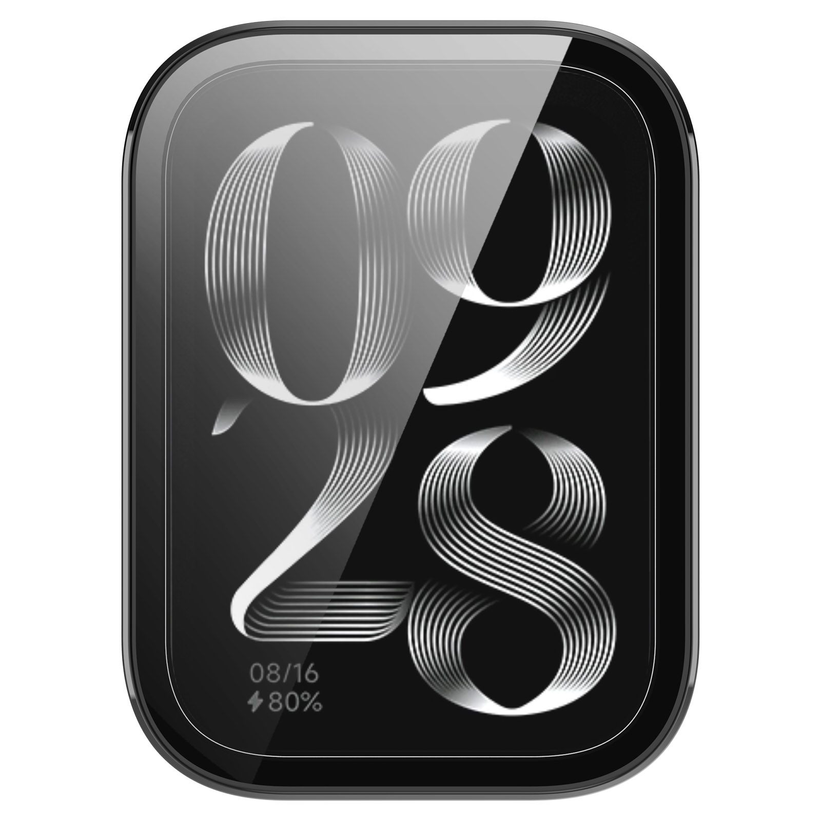 Display smartwatch. Schermo nero con numeri bianchi, data e percentuale batteria.