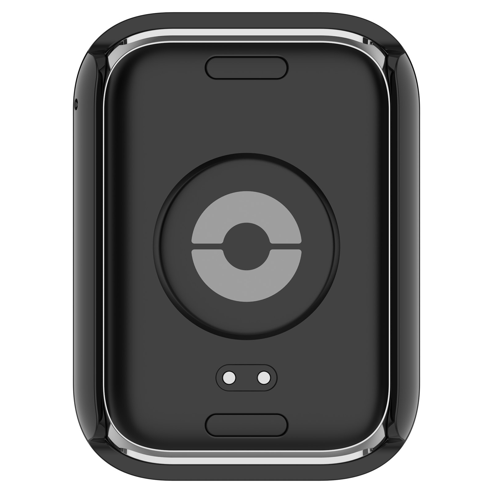 Accessorio telefonico nero con un ritaglio circolare e due piccoli fori. Il retro è piatto.