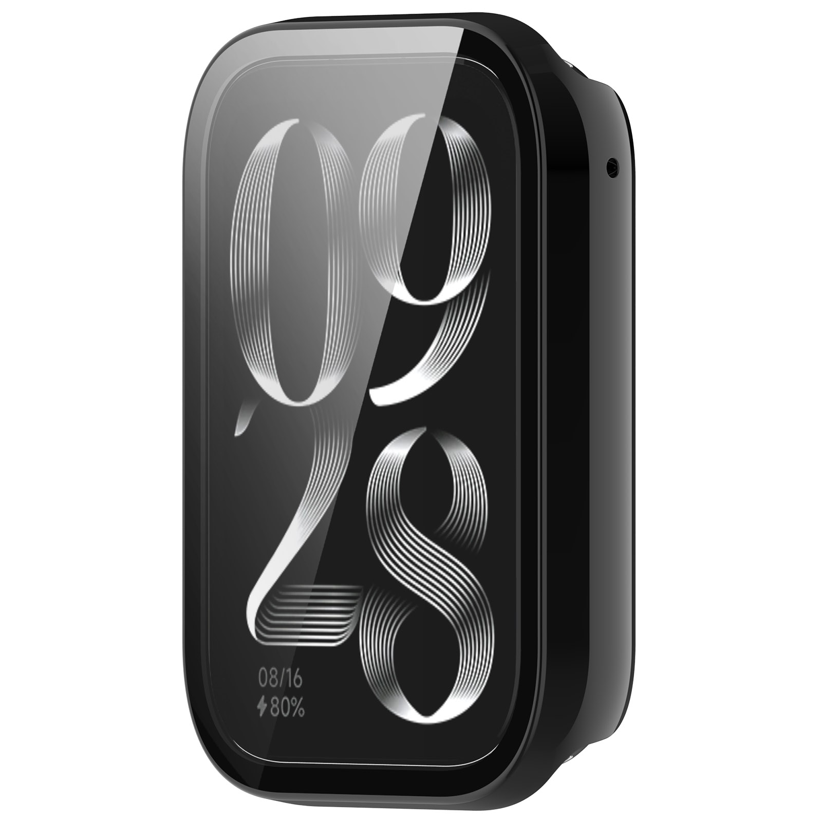 Smartwatch con custodia protettiva. Custodia nera con schermo che mostra numeri e batteria.