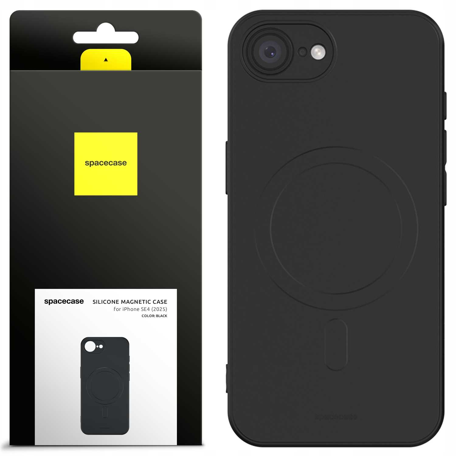 Opakowanie etui na telefon. Czarne etui na telefon i pudełko z logo spacecase.