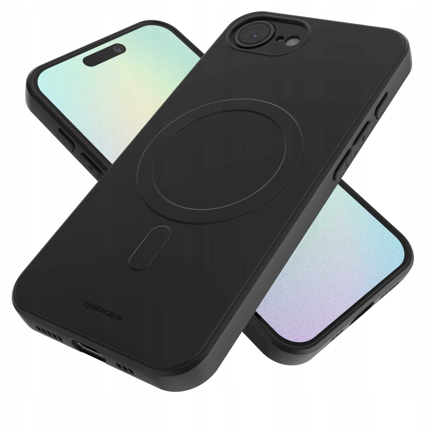 Czarne etui na telefon z telefonem. Pokazuje aparat i ekran. Etui ma okrągłe wycięcie.