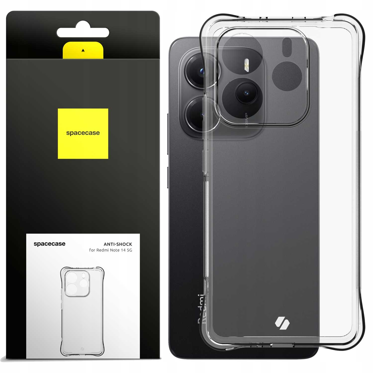 Telefon i etui w pudełku. Etui jest przezroczyste, a telefon ciemny. Etui mówi Redmi 14T 5G.