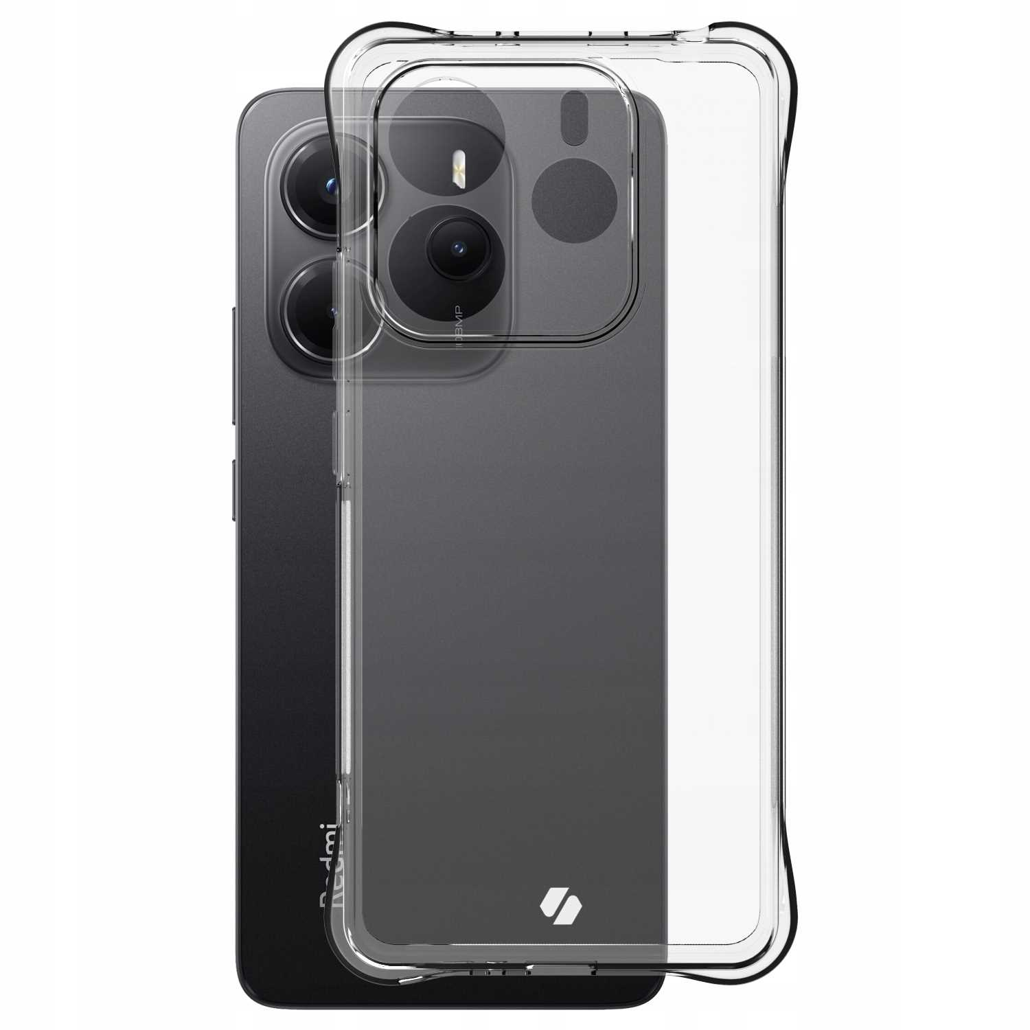 Telefon z przezroczystym etui. Szary telefon z przezroczystym etui, widok z boku.