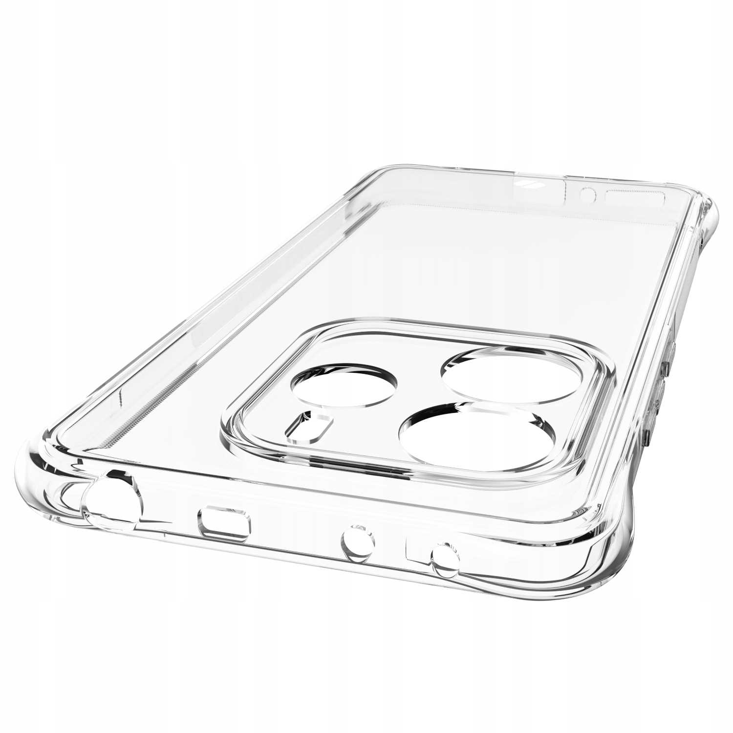 Przezroczyste etui na telefon. Widok z boku przezroczystego etui z otworami na aparat i przyciski.