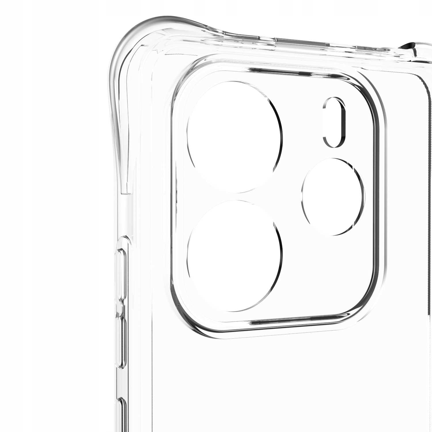 Przezroczyste etui na telefon z wycięciami na aparat. Białe tło.