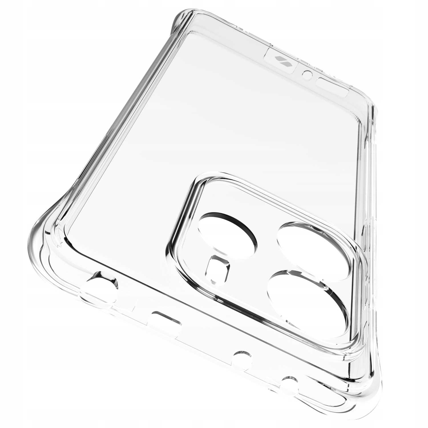 Przezroczyste etui, widok z kąta, z wycięciem na aparat, na białym tle.