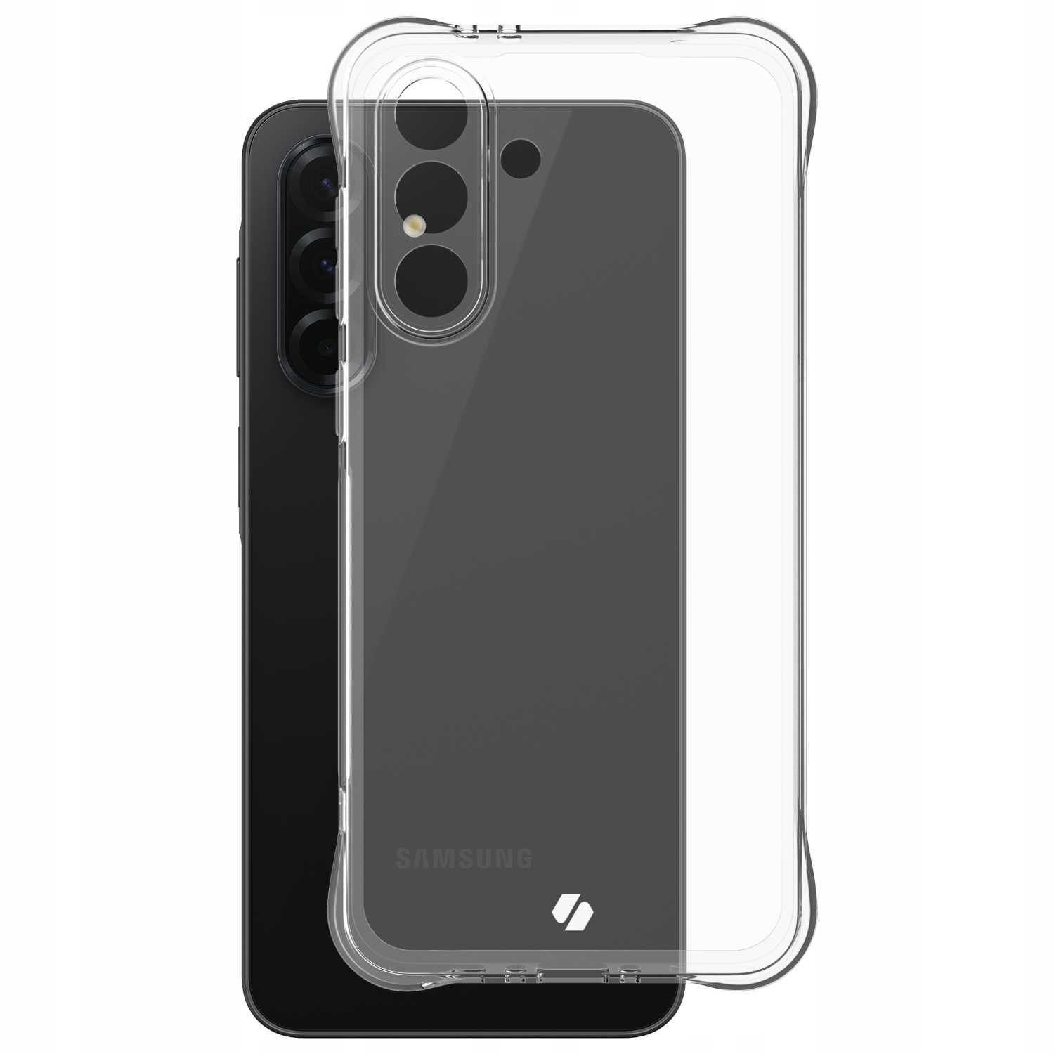 Czarny telefon z przezroczystym etui. Telefon ma trzy obiektywy aparatu.