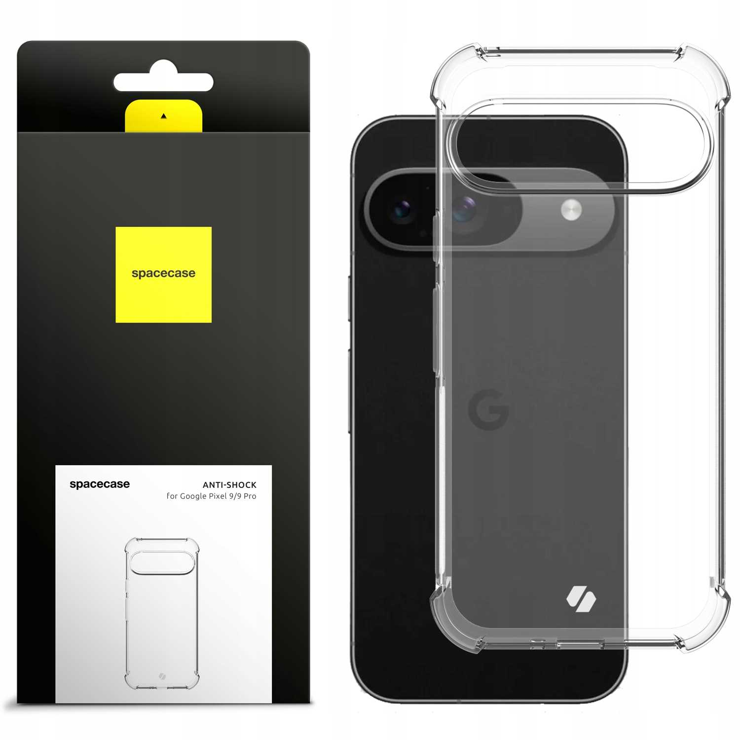 Telefon z przezroczystym etui i jego opakowaniem. Pudełko ma żółtą naklejkę.