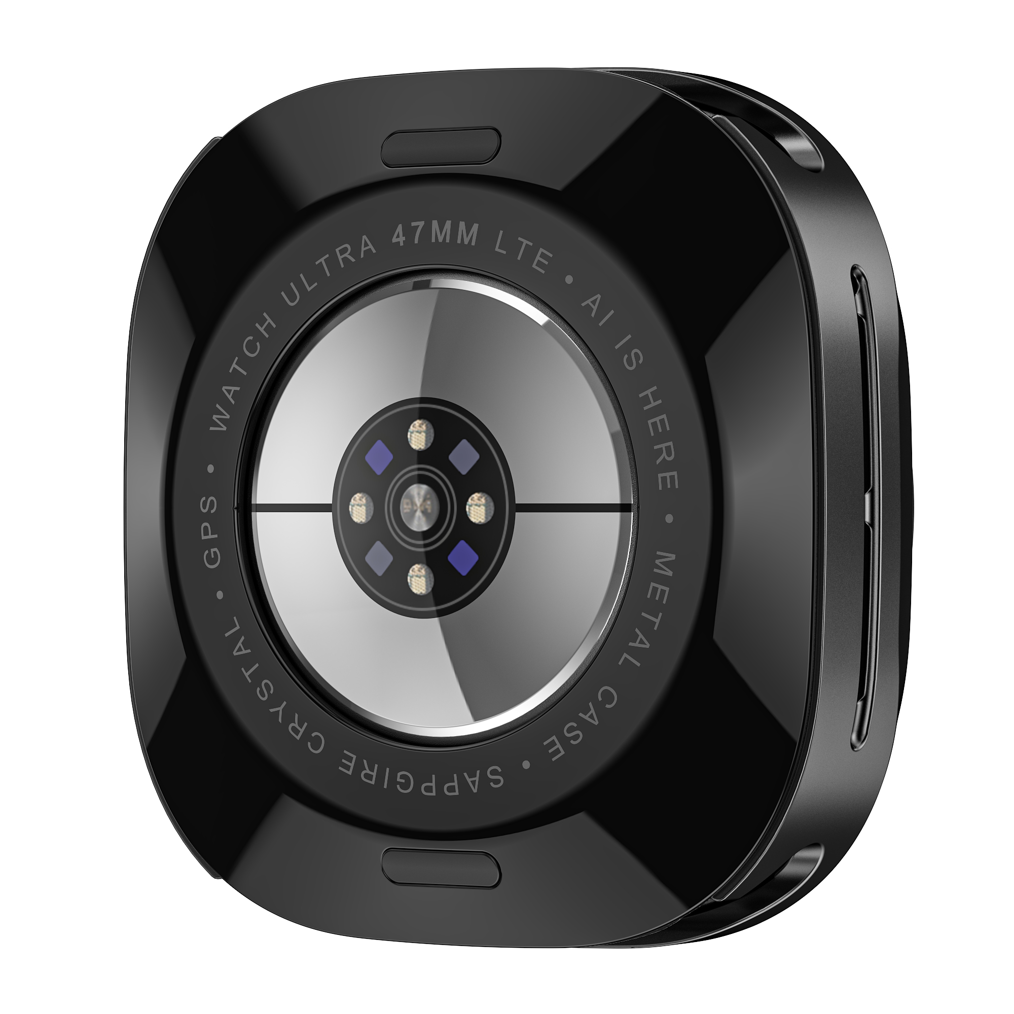 Rückseite einer schwarzen Smartwatch. Zeigt Sensoren und die Worte 'WATCH ULTRA' & 'METAL CASE'.