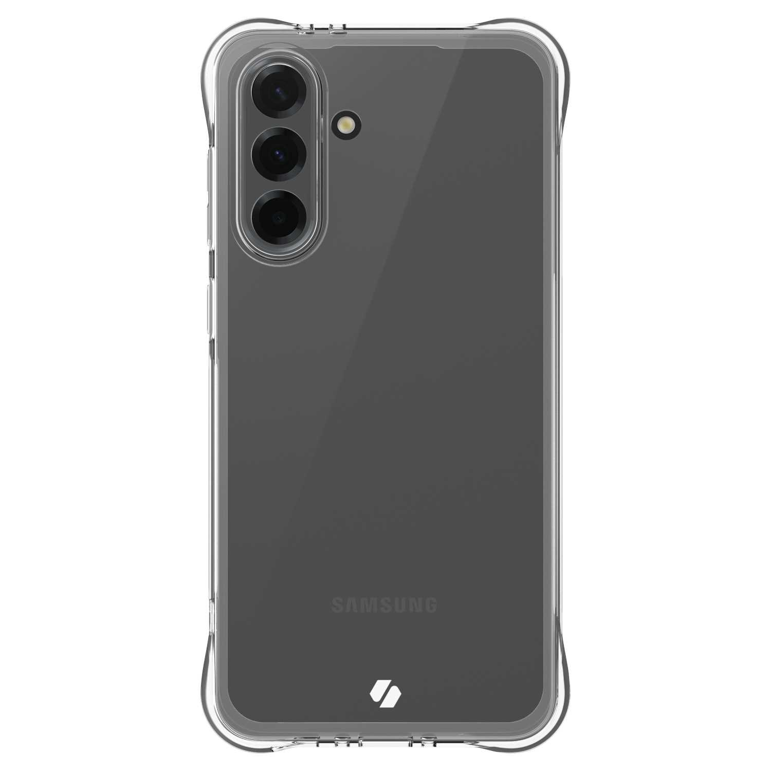Czarny telefon w przezroczystym etui. Telefon ma trzy obiektywy aparatu.