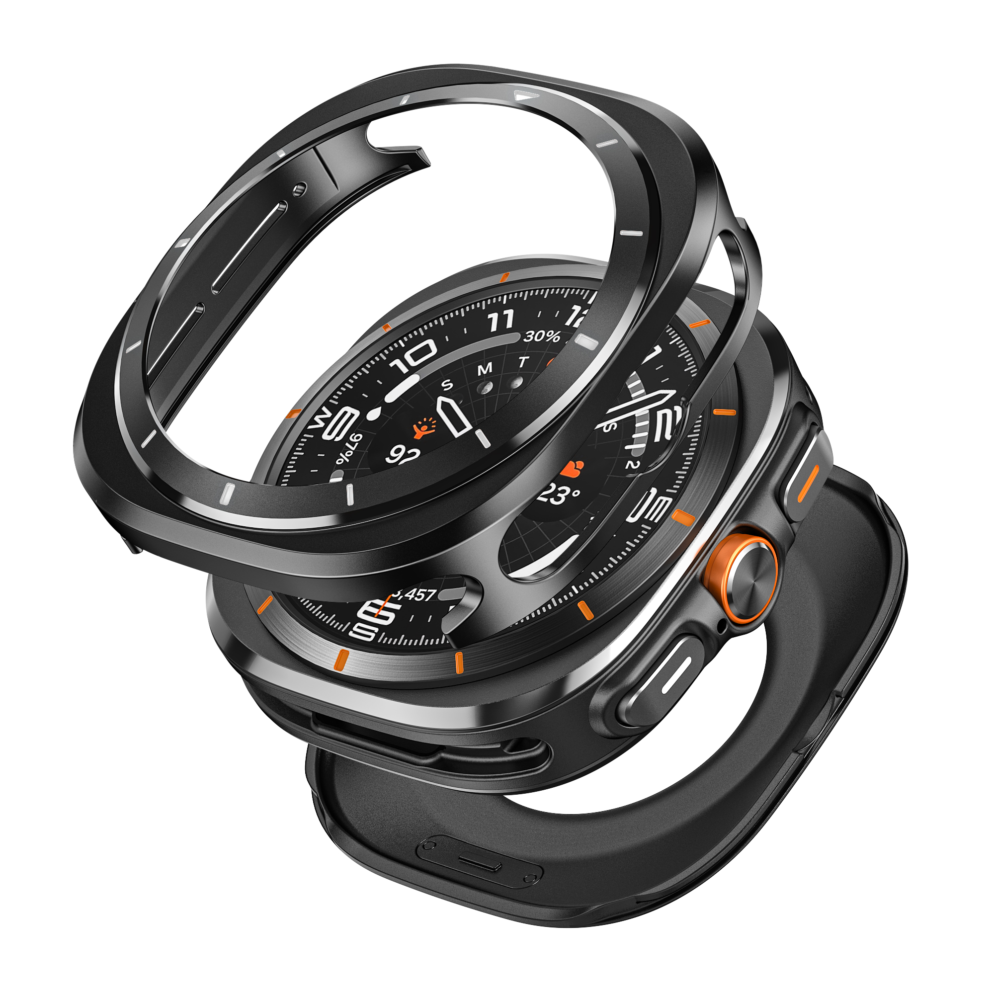 Eine schwarze Smartwatch mit Schutzlünette wird in mehreren Ebenen gezeigt. Das Zifferblatt zeigt Zeit und Daten.