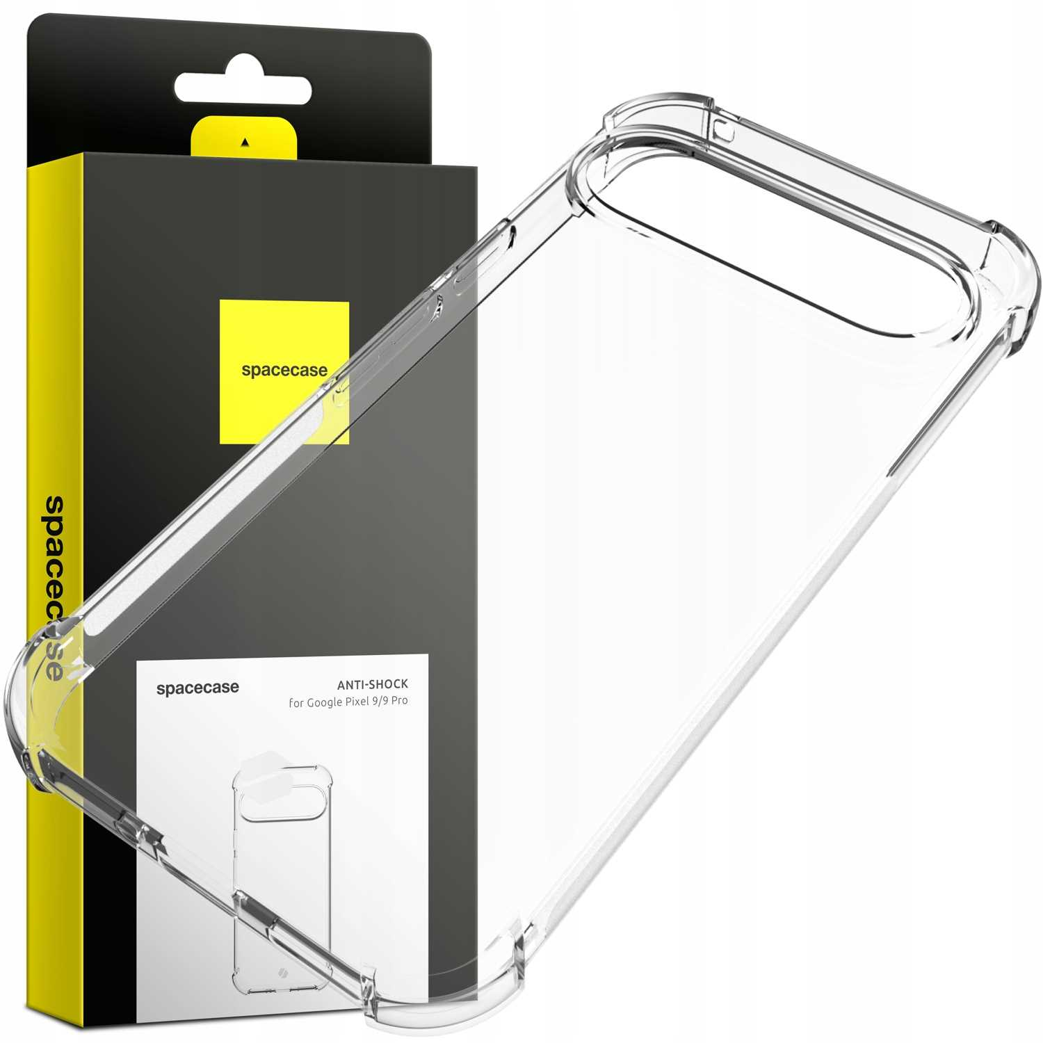 Przezroczyste etui na telefon obok pudełka. Pudełko jest żółte z czarnym obrysem i logo Spacecase.