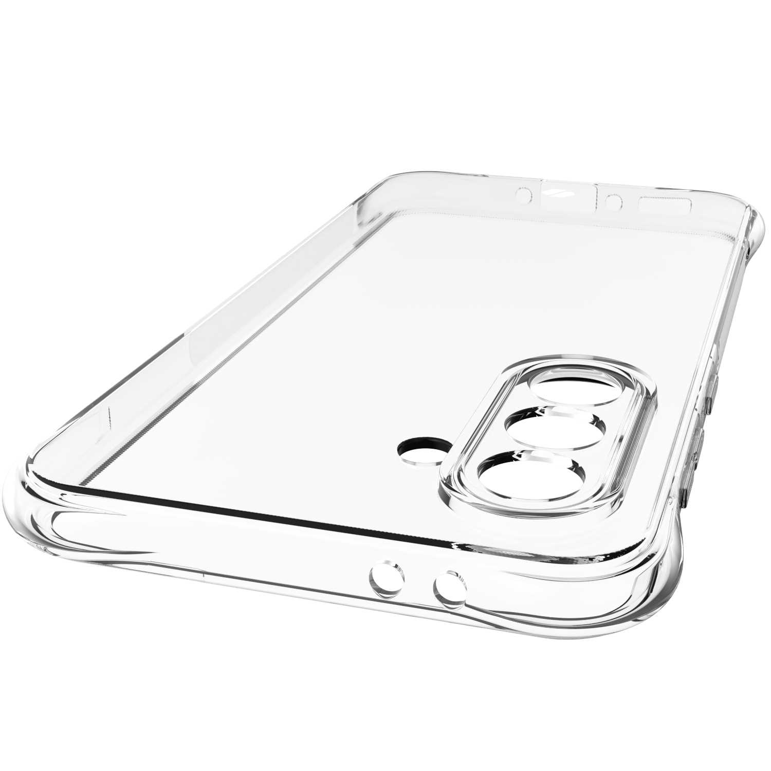 Przezroczyste etui na telefon, lekko pochylone. Etui ma przezroczysty design i wycięcie na aparat.
