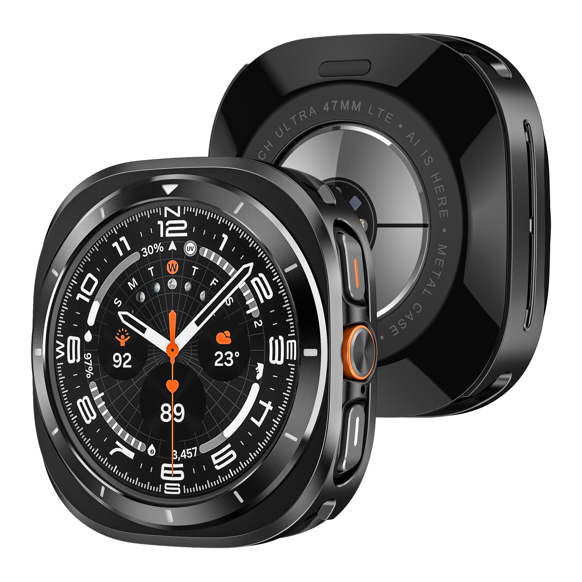 Zwei schwarze Smartwatches, eine auf der anderen. Die obere Uhr zeigt ein Zifferblatt an.