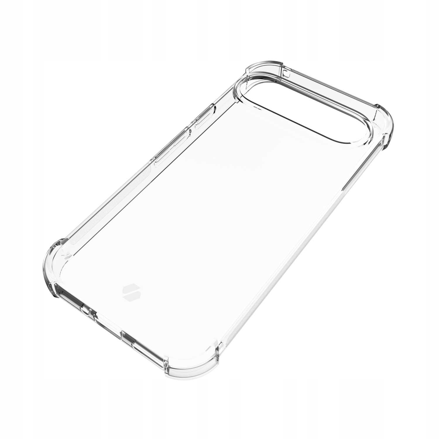 Przezroczyste etui na telefon, lekko pochylone. Etui ma przezroczysty design.